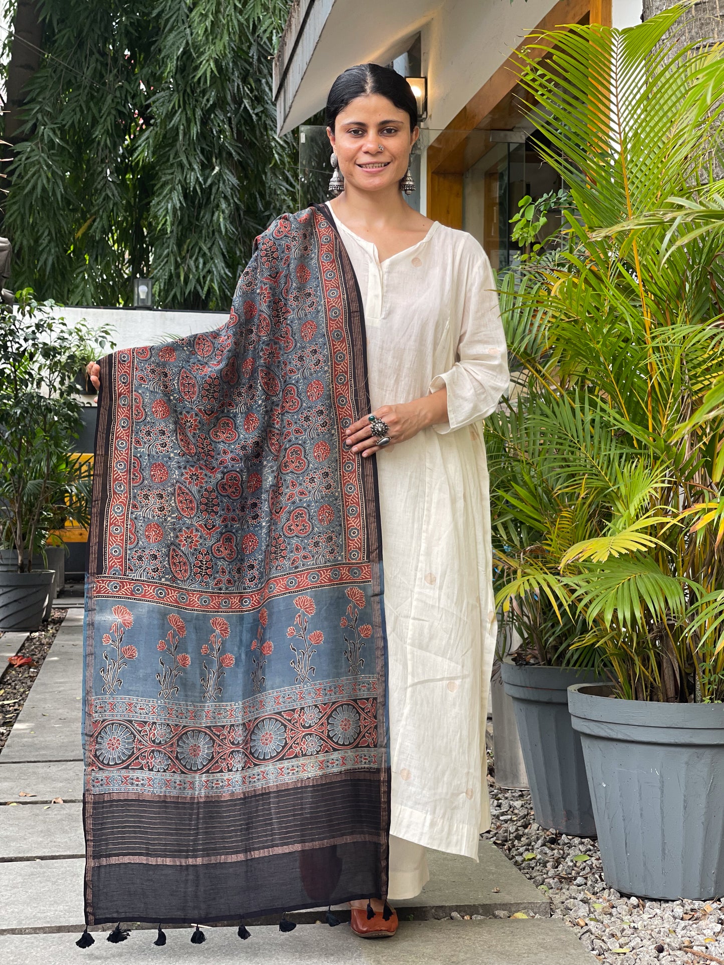 Natural Dyed Handblock Printed Ajrakh  Chanderi Silk Dupatta