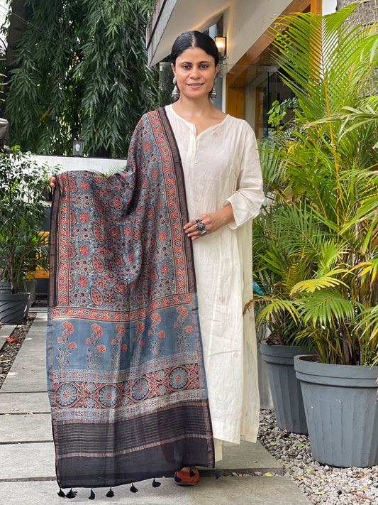 Natural Dyed Handblock Printed Ajrakh  Chanderi Silk Dupatta