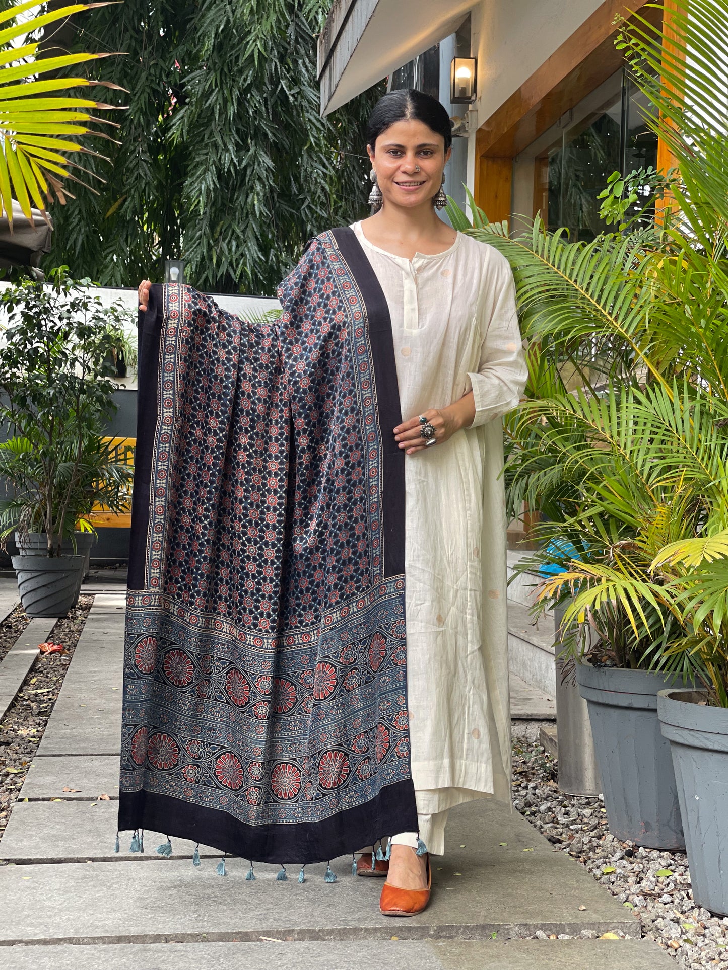 Natural Dyed Handblock Printed Ajrakh  Gajji Silk Dupatta
