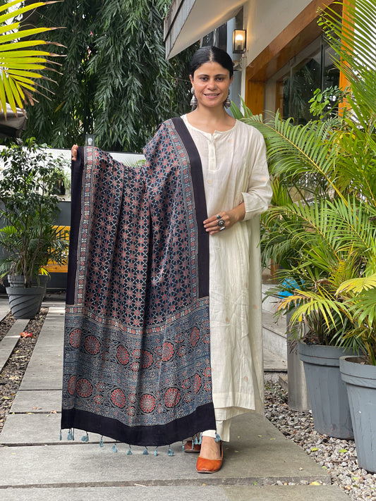 Natural Dyed Handblock Printed Ajrakh  Gajji Silk Dupatta