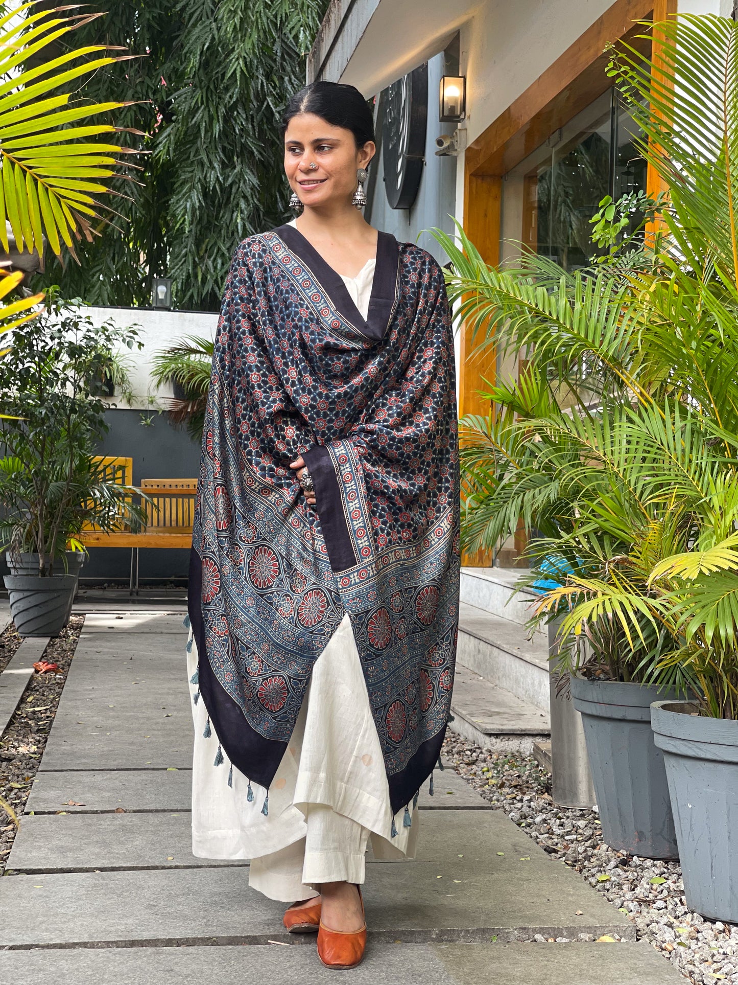 Natural Dyed Handblock Printed Ajrakh  Gajji Silk Dupatta