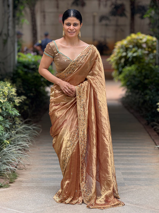 Zardozi & Beads Hand Embroidered Handloom Tissue Silk Saree.