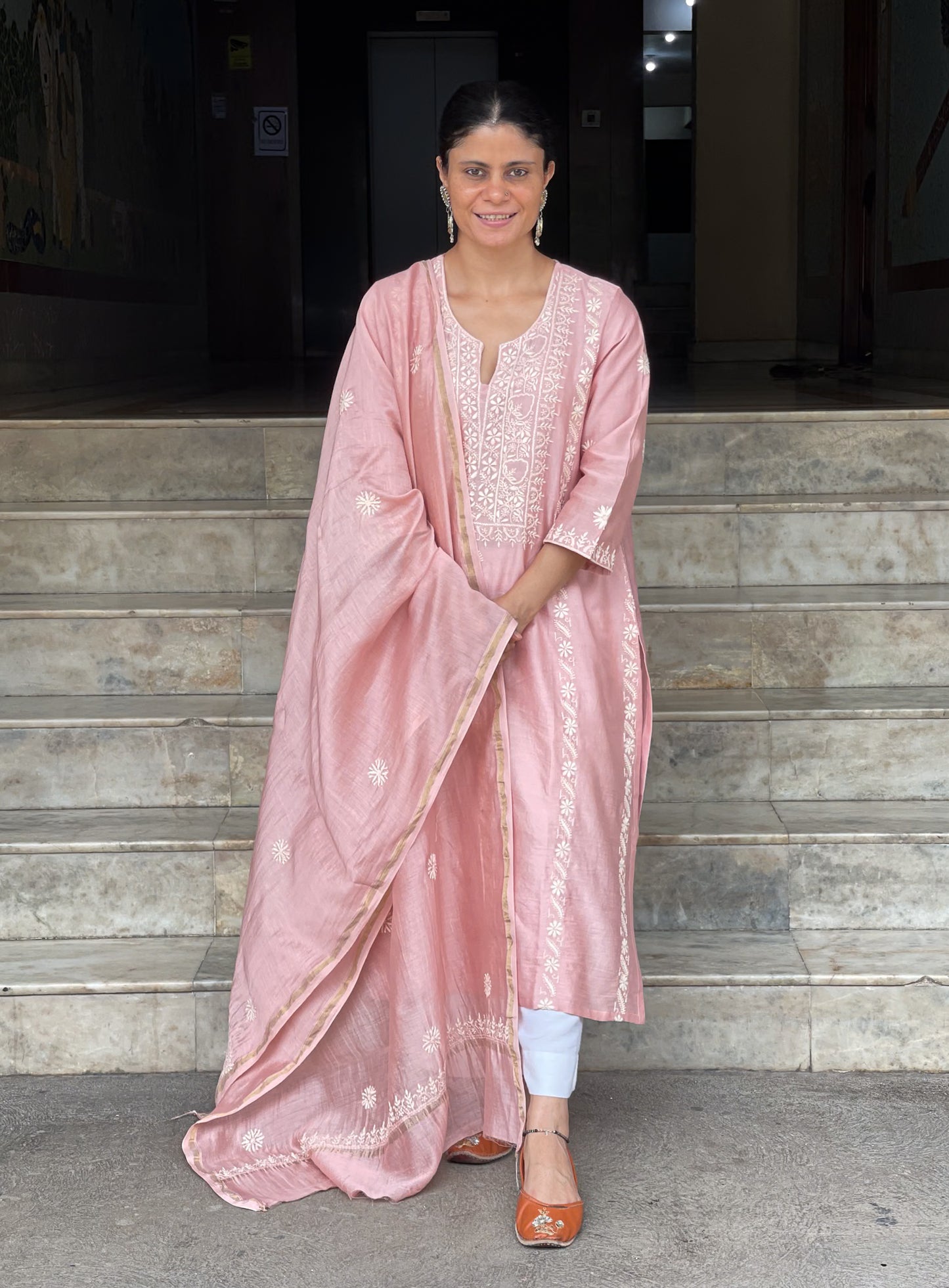 Chanderi Silk Handembroidered Chikankari Dupatta