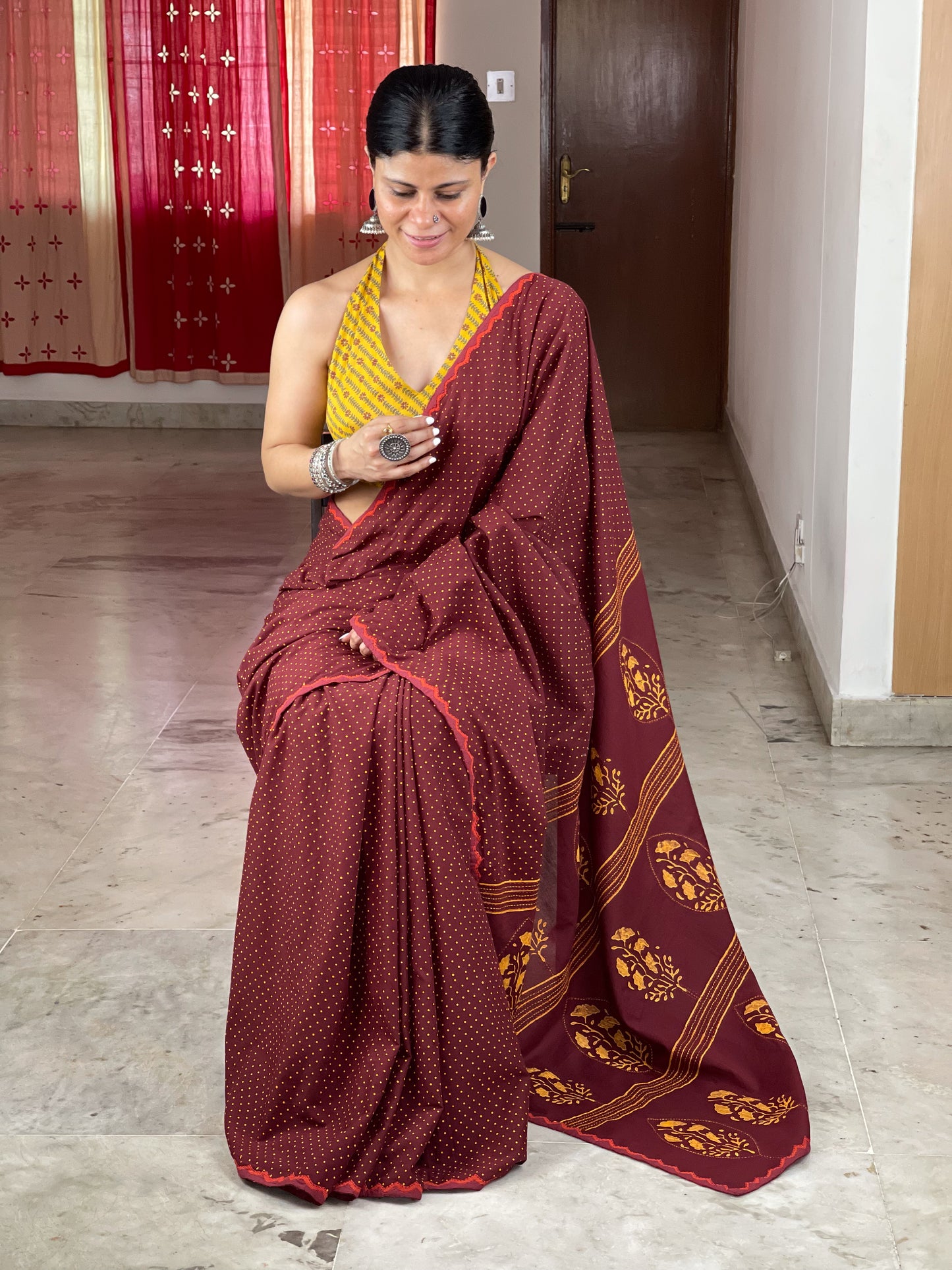 Handloom Cotton Sarees in handblock printed with hand embroidered appliue/cut work