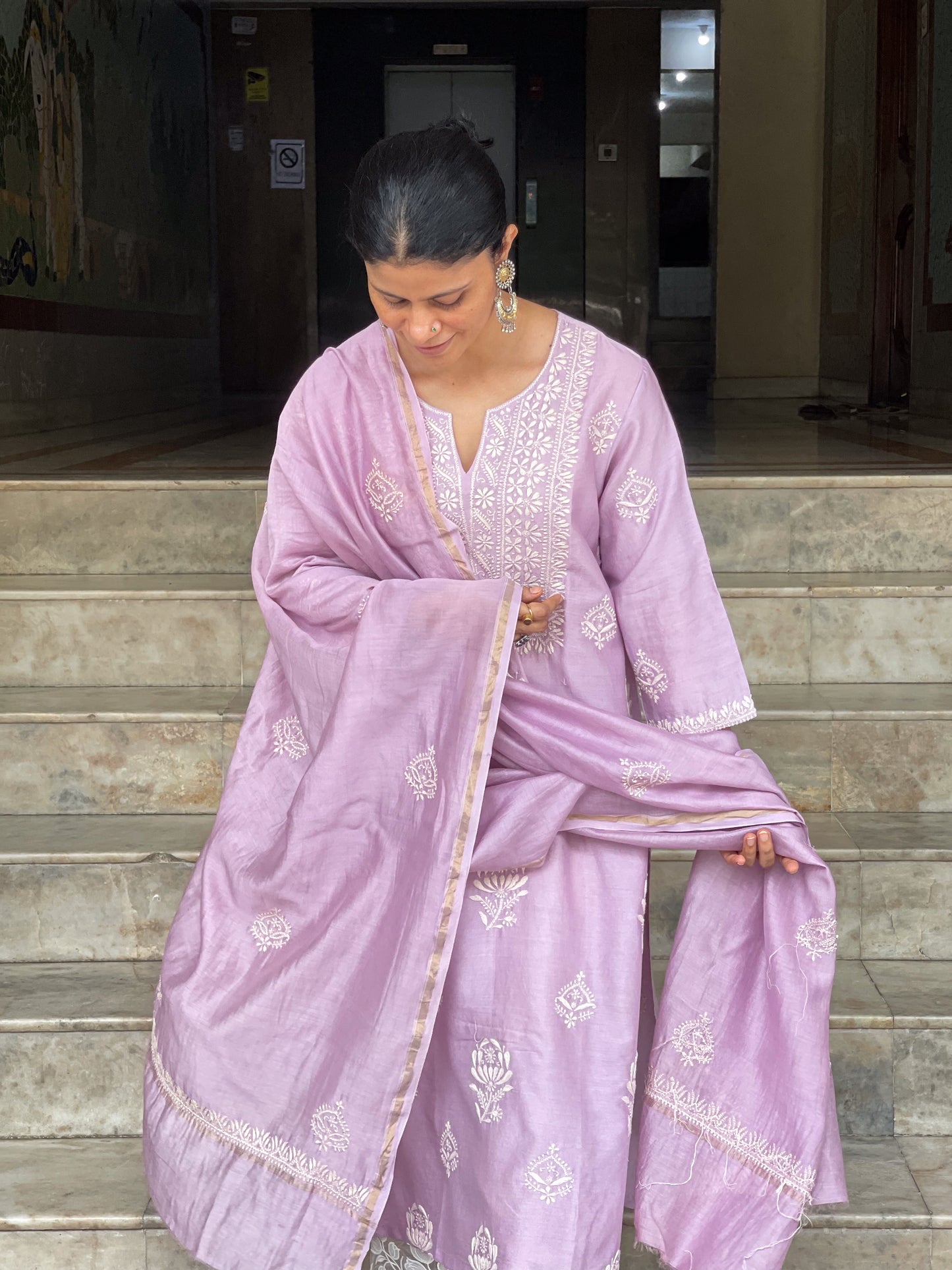 Chanderi Silk Handembroidered Chikankari Dupatta