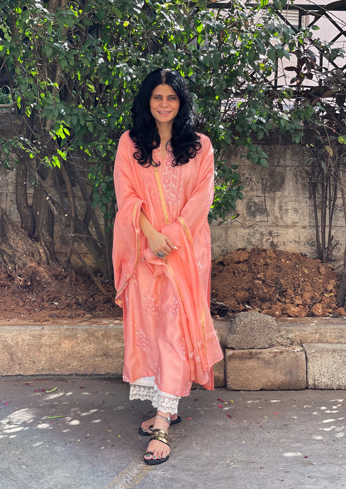 Handembroidered  Chikankari  Chanderi Silk Kurta With Dupatta