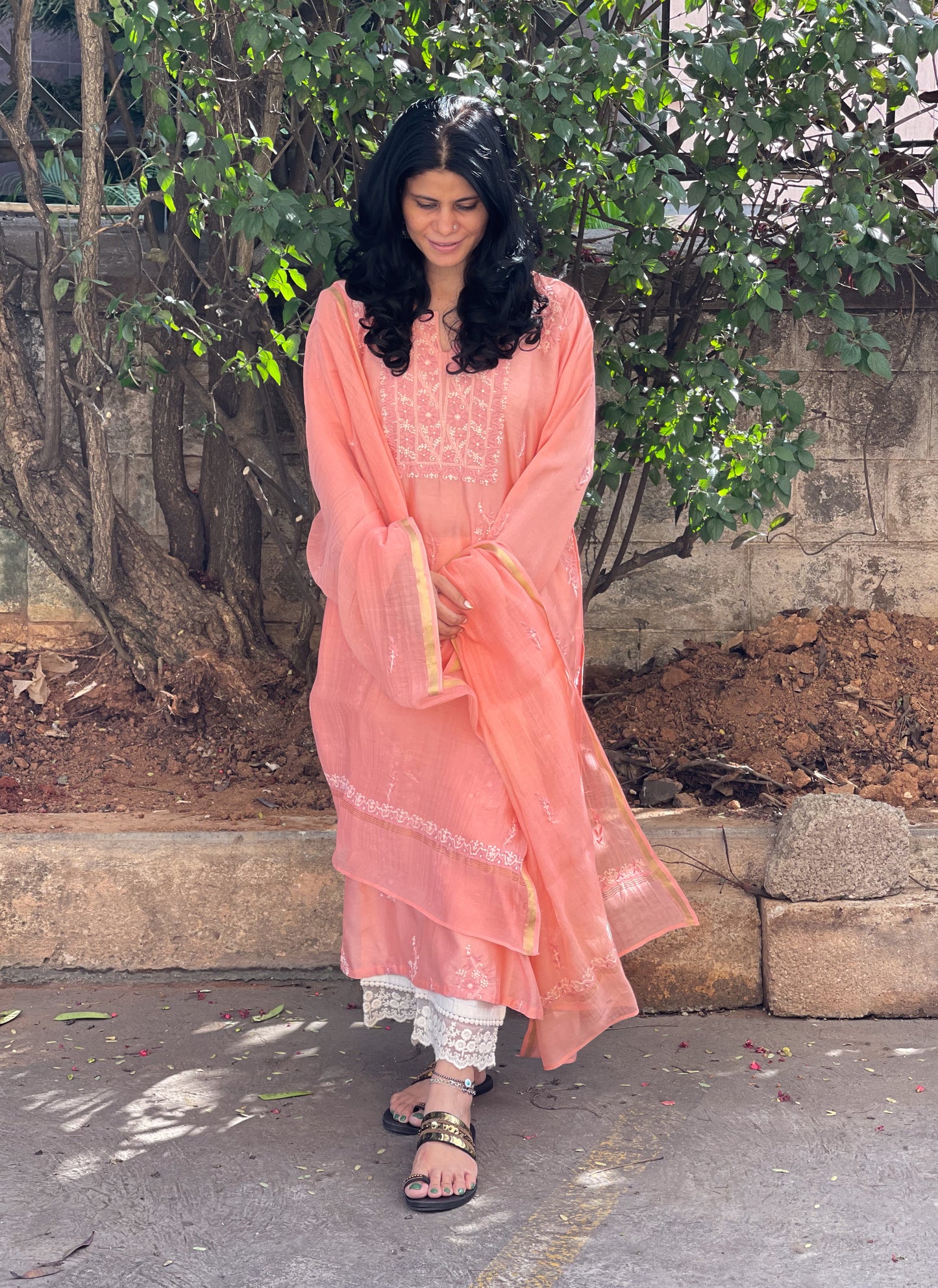 Handembroidered  Chikankari  Chanderi Silk Kurta With Dupatta