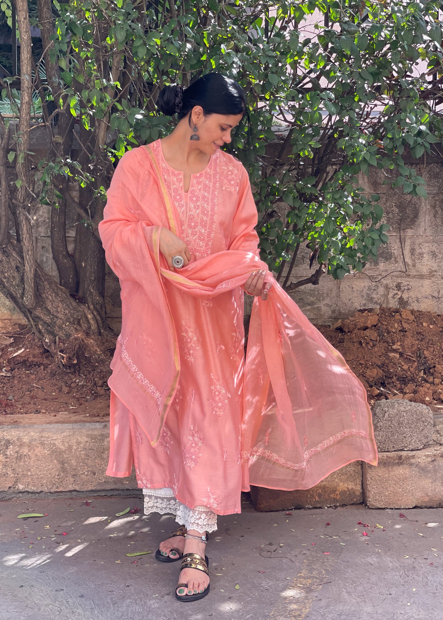 Handembroidered  Chikankari  Chanderi Silk Kurta With Dupatta