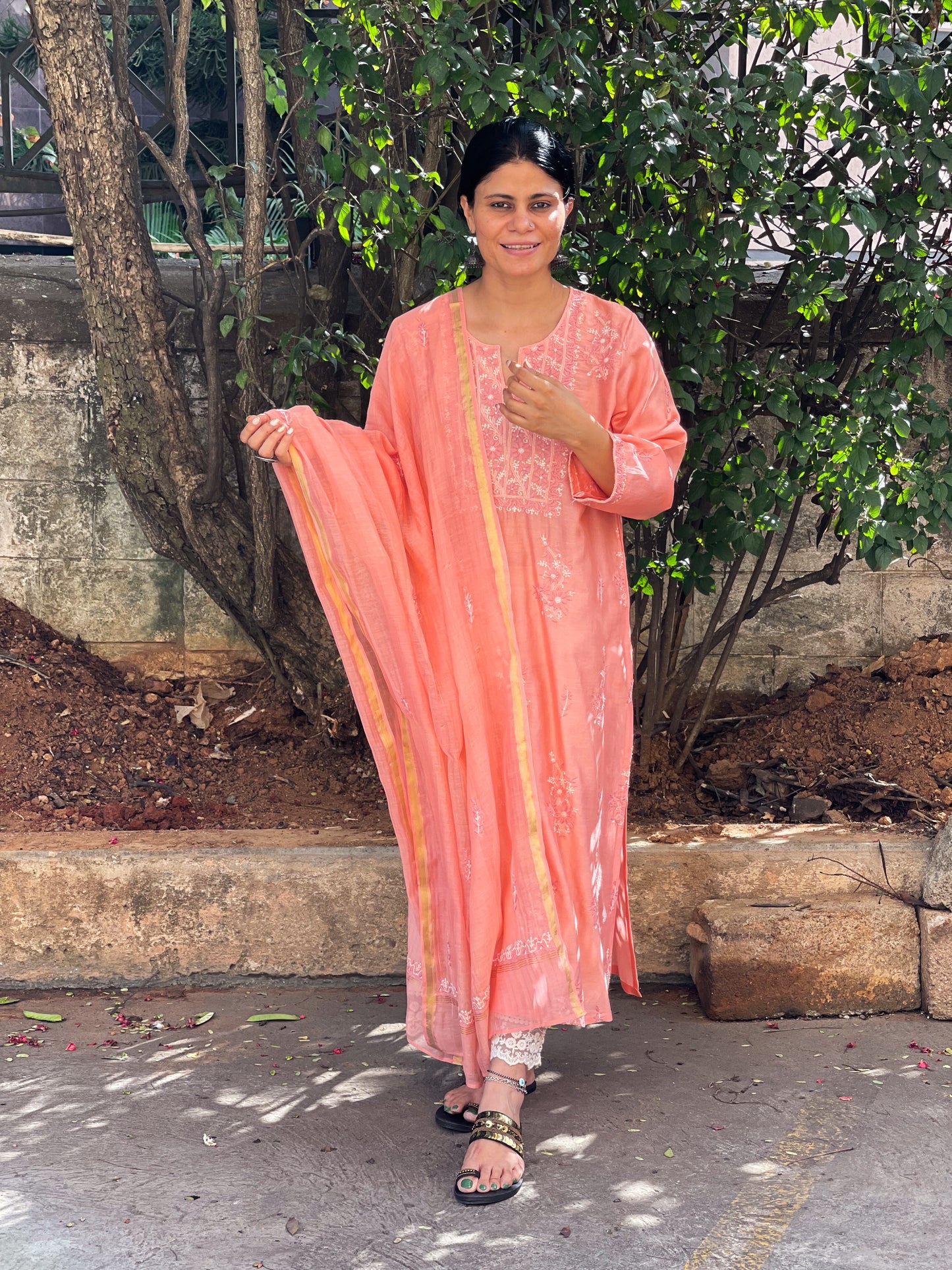 Handembroidered  Chikankari  Chanderi Silk Kurta With Dupatta