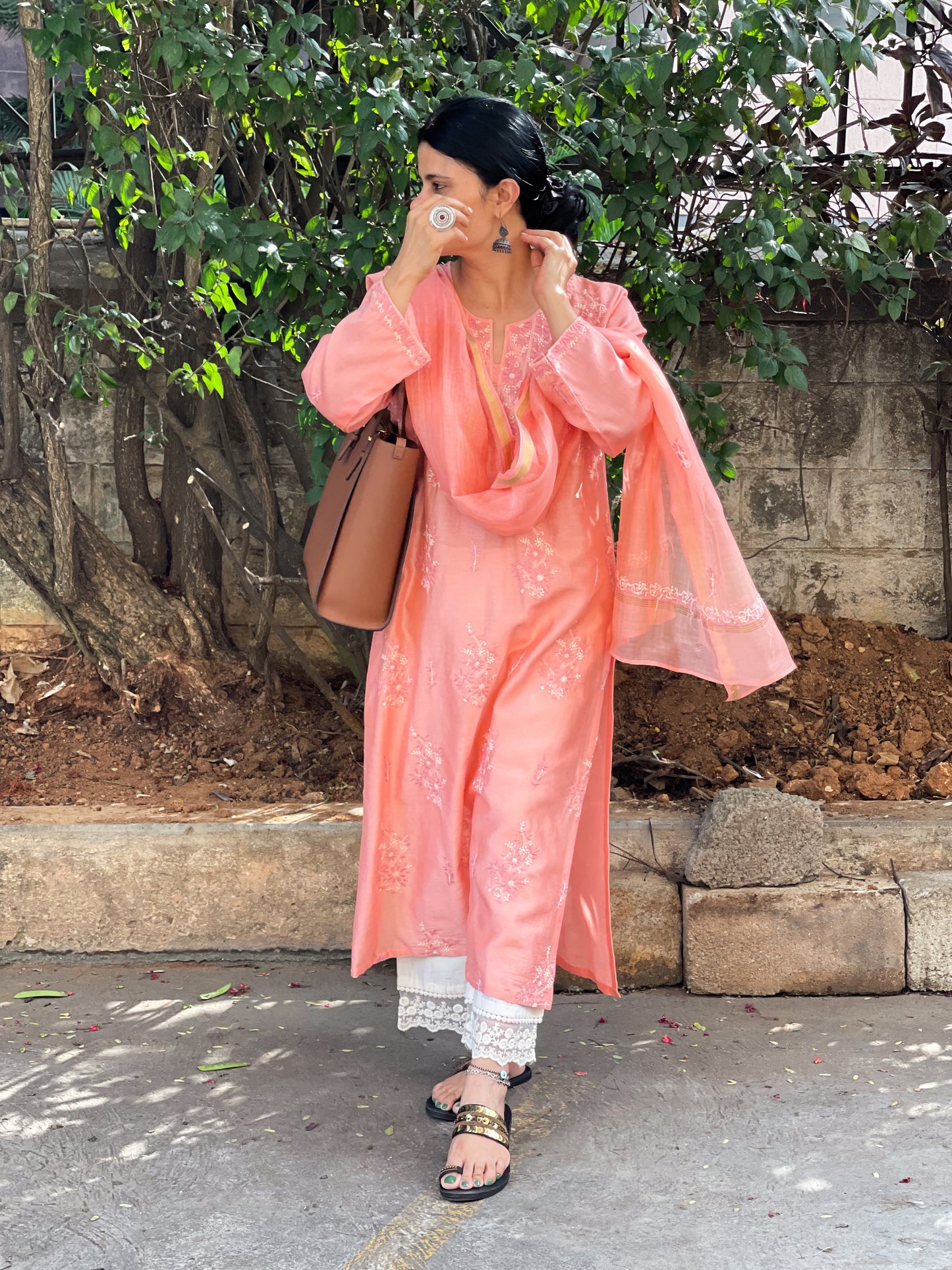 Handembroidered  Chikankari  Chanderi Silk Kurta With Dupatta