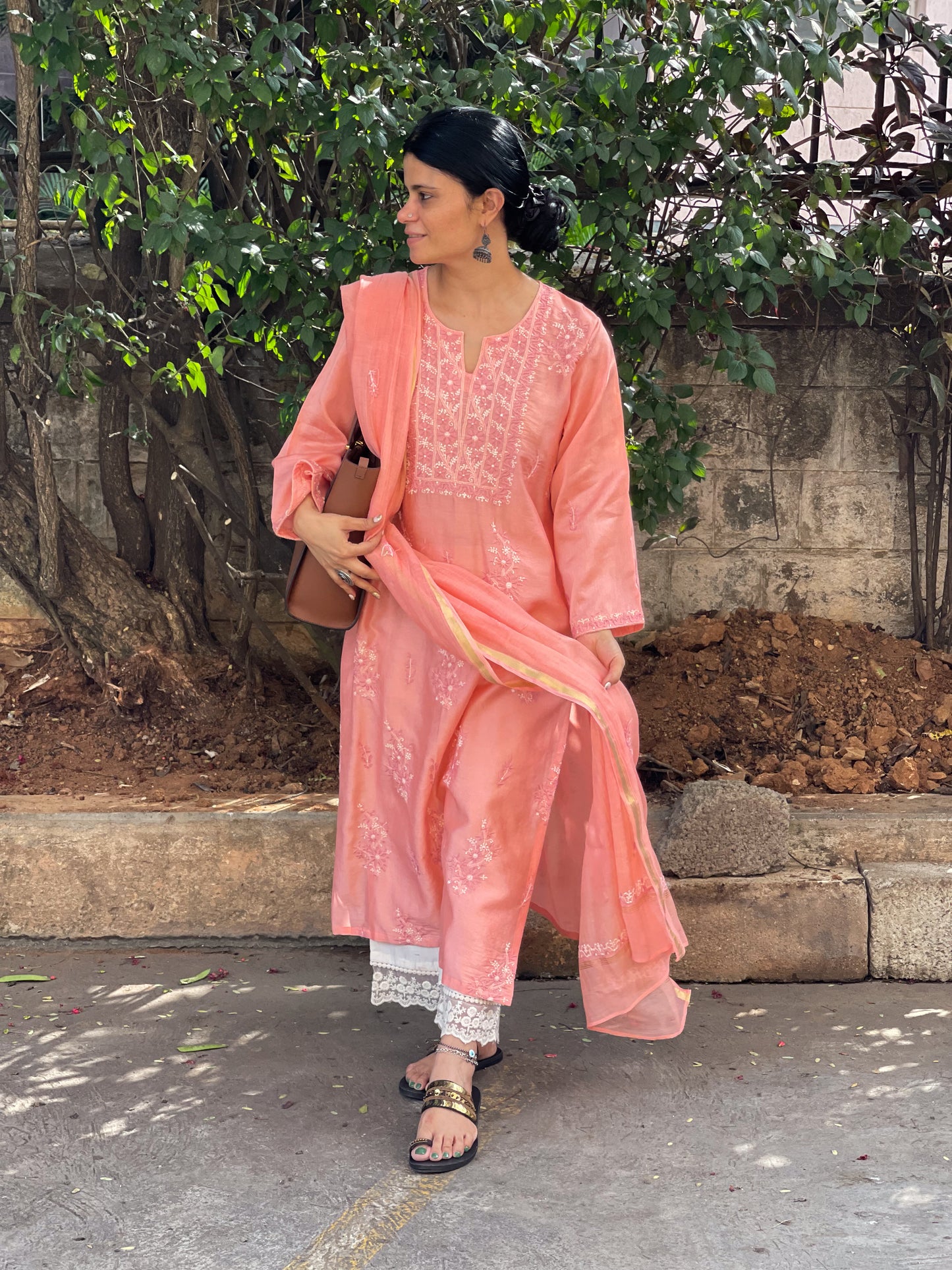 Handembroidered  Chikankari  Chanderi Silk Kurta With Dupatta