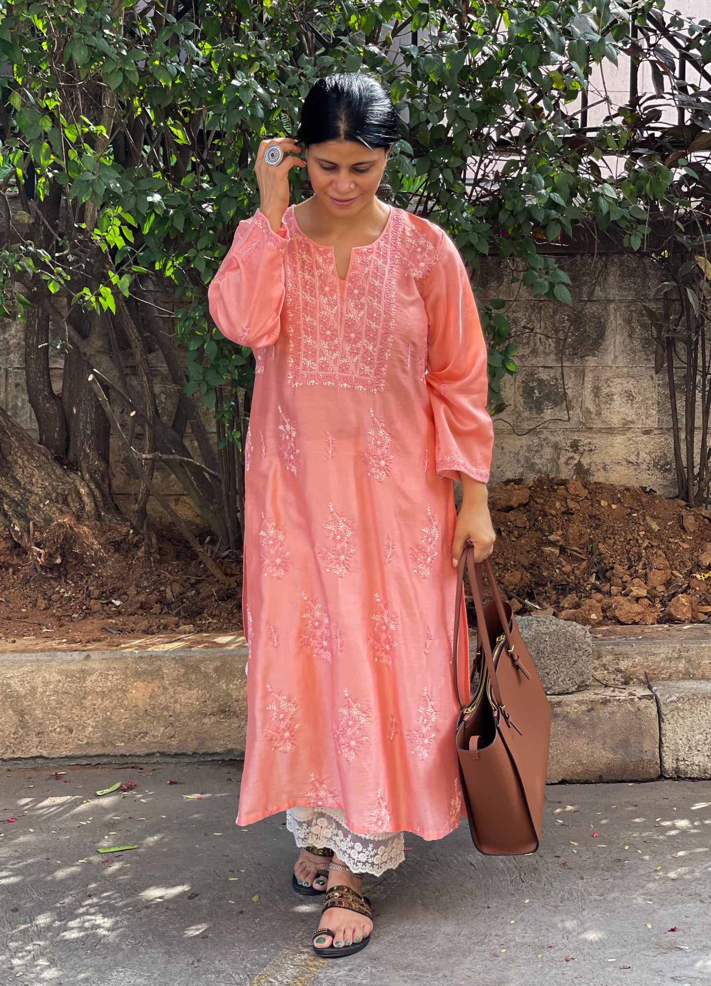 Handembroidered  Chikankari  Chanderi Silk Kurta With Dupatta