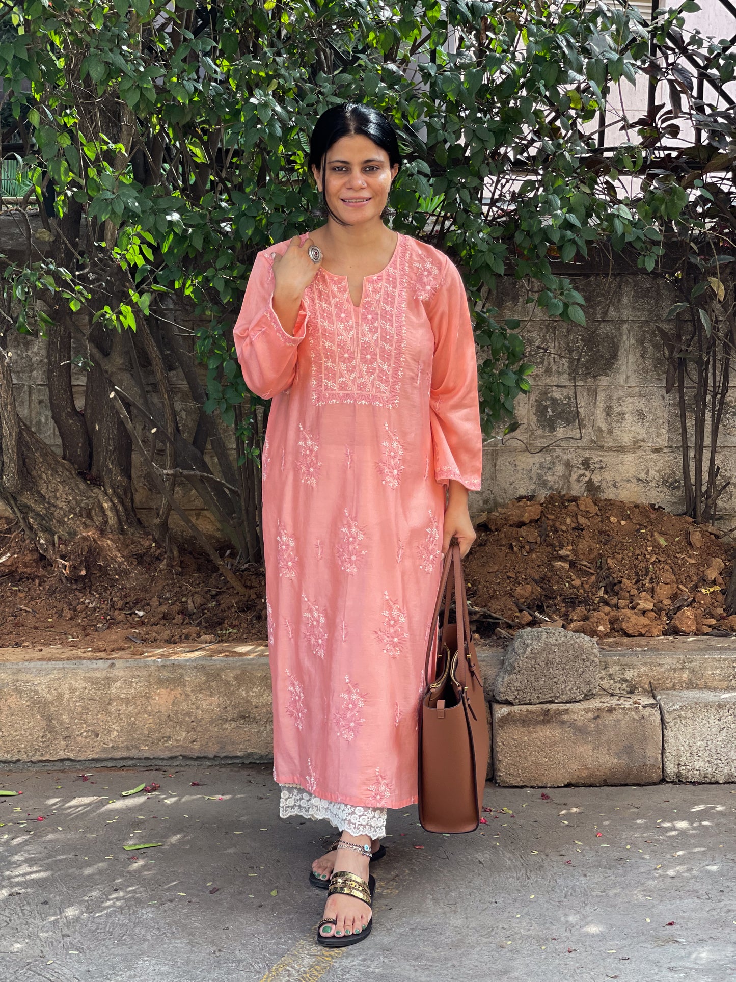 Handembroidered  Chikankari  Chanderi Silk Kurta With Dupatta