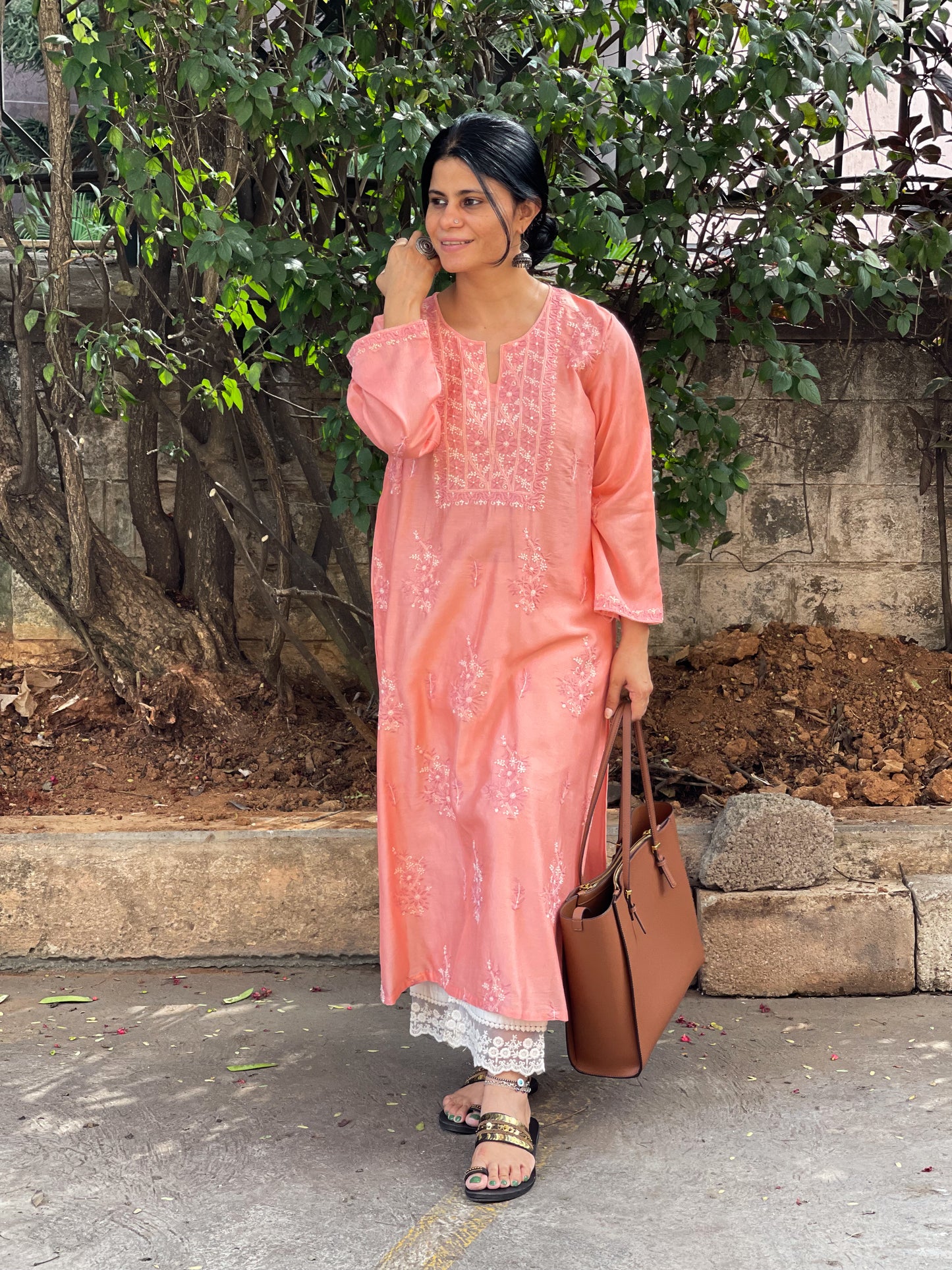 Handembroidered  Chikankari  Chanderi Silk Kurta With Dupatta