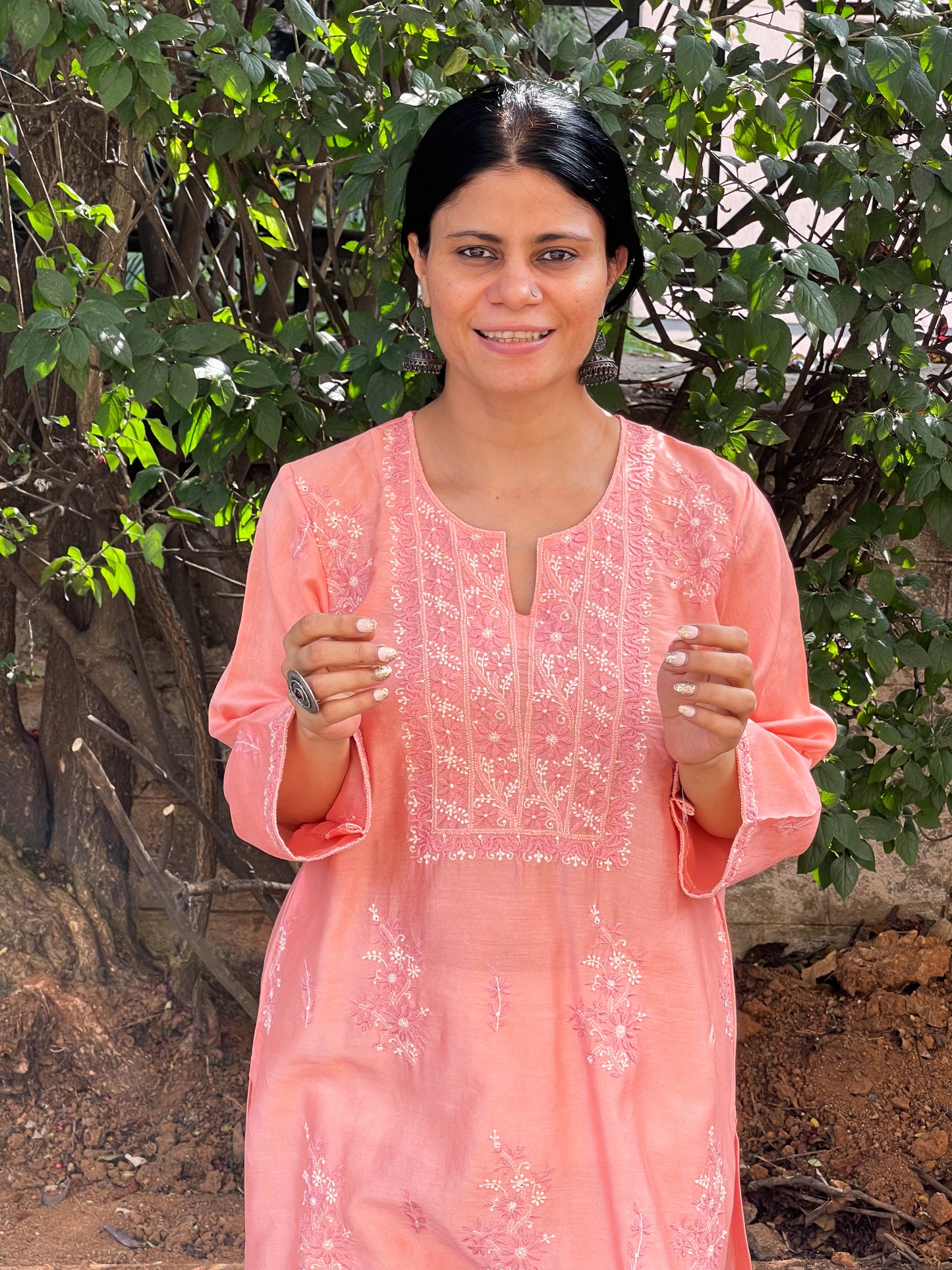 Handembroidered  Chikankari  Chanderi Silk Kurta With Dupatta