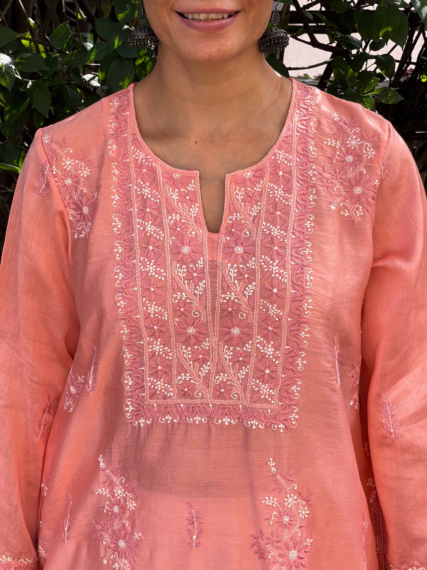 Handembroidered  Chikankari  Chanderi Silk Kurta With Dupatta