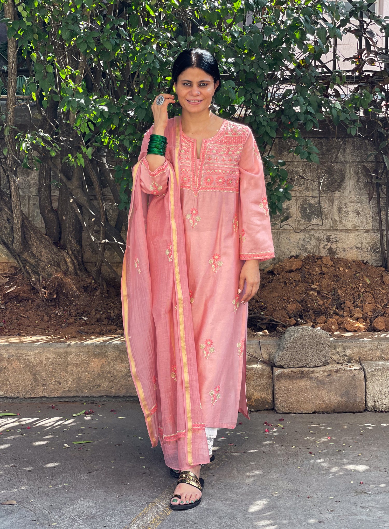 Handembroidered  Chikankari  Chanderi Silk Kurta With Dupatta
