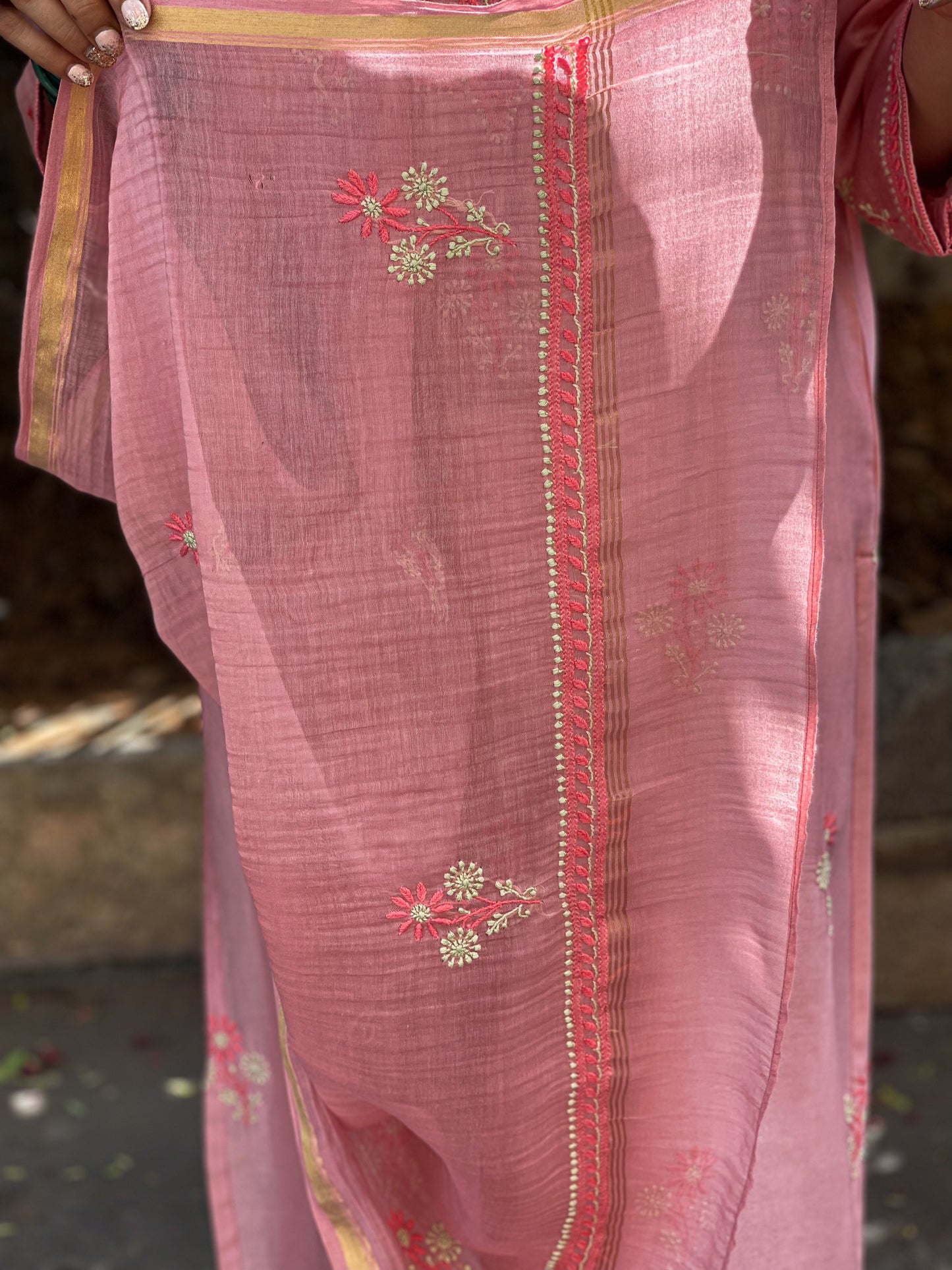 Handembroidered  Chikankari  Chanderi Silk Kurta With Dupatta