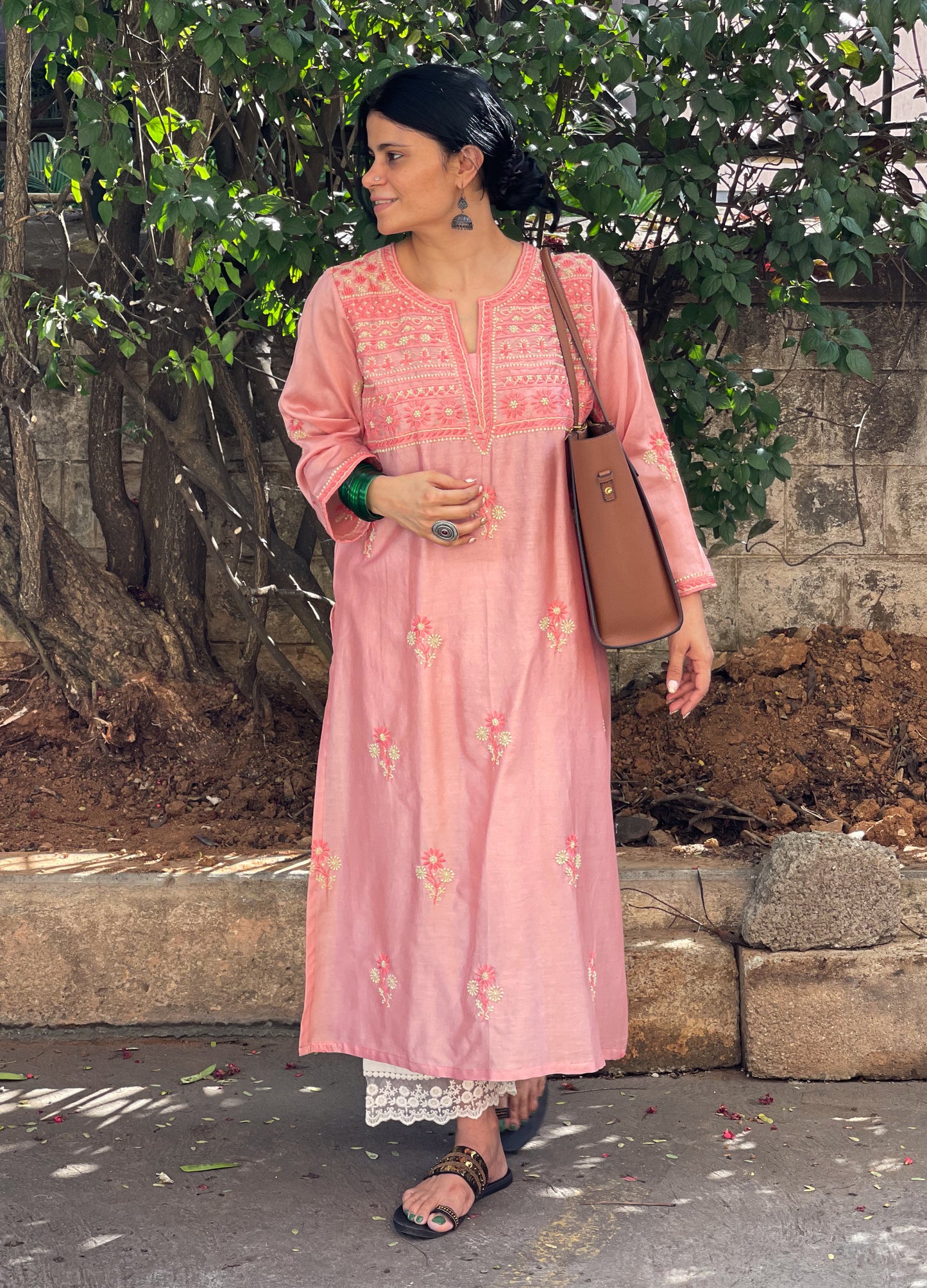 Handembroidered  Chikankari  Chanderi Silk Kurta With Dupatta