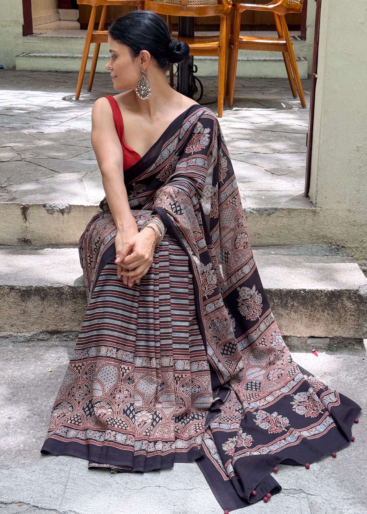 Handmade & Handblock Printed Natural Dyed Ajrakh Mull Cotton Saree.