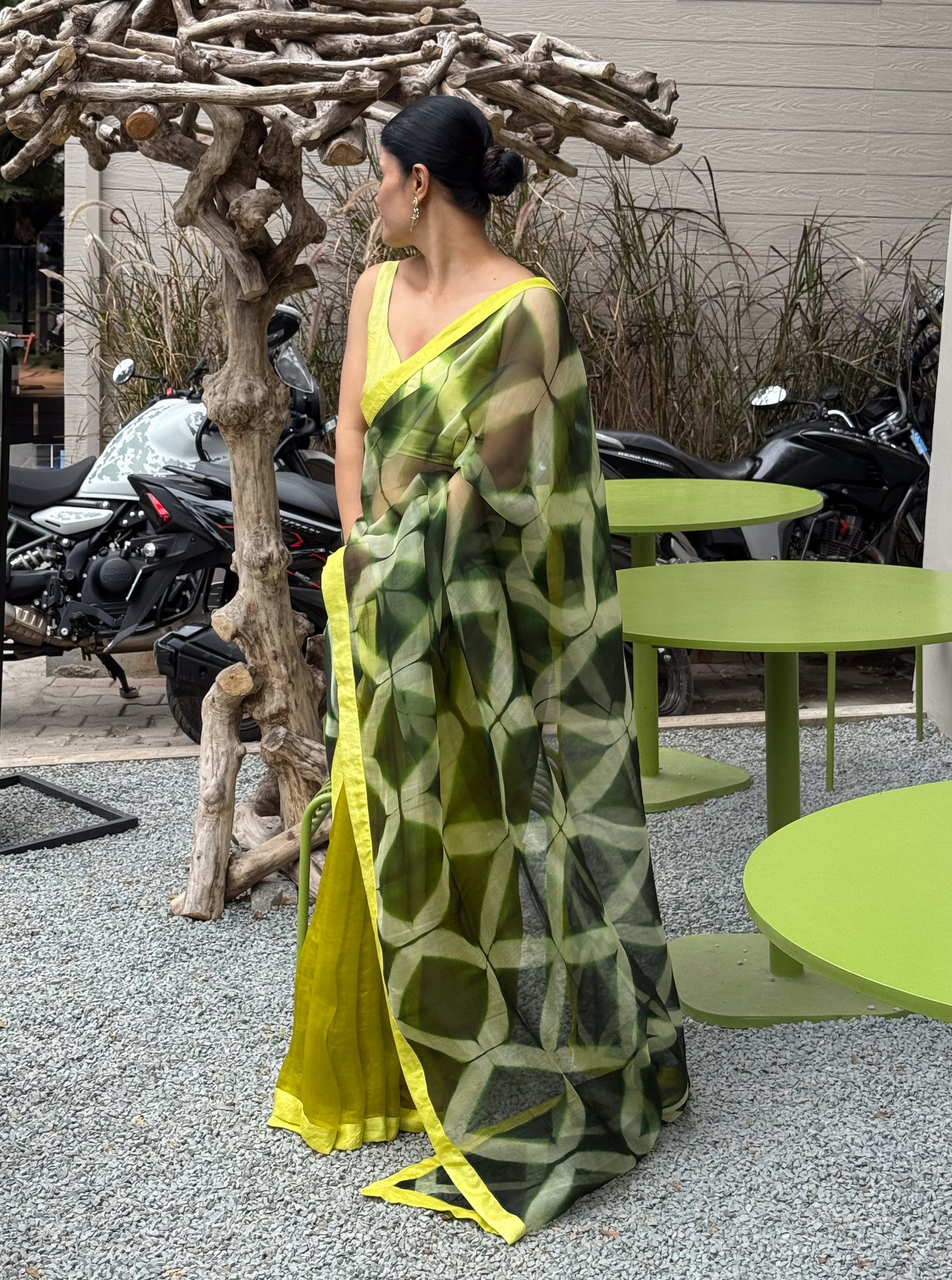 Handloom Organza Silk Saree in Handmade Itajime Shibori With Mulberry Silk Borders
