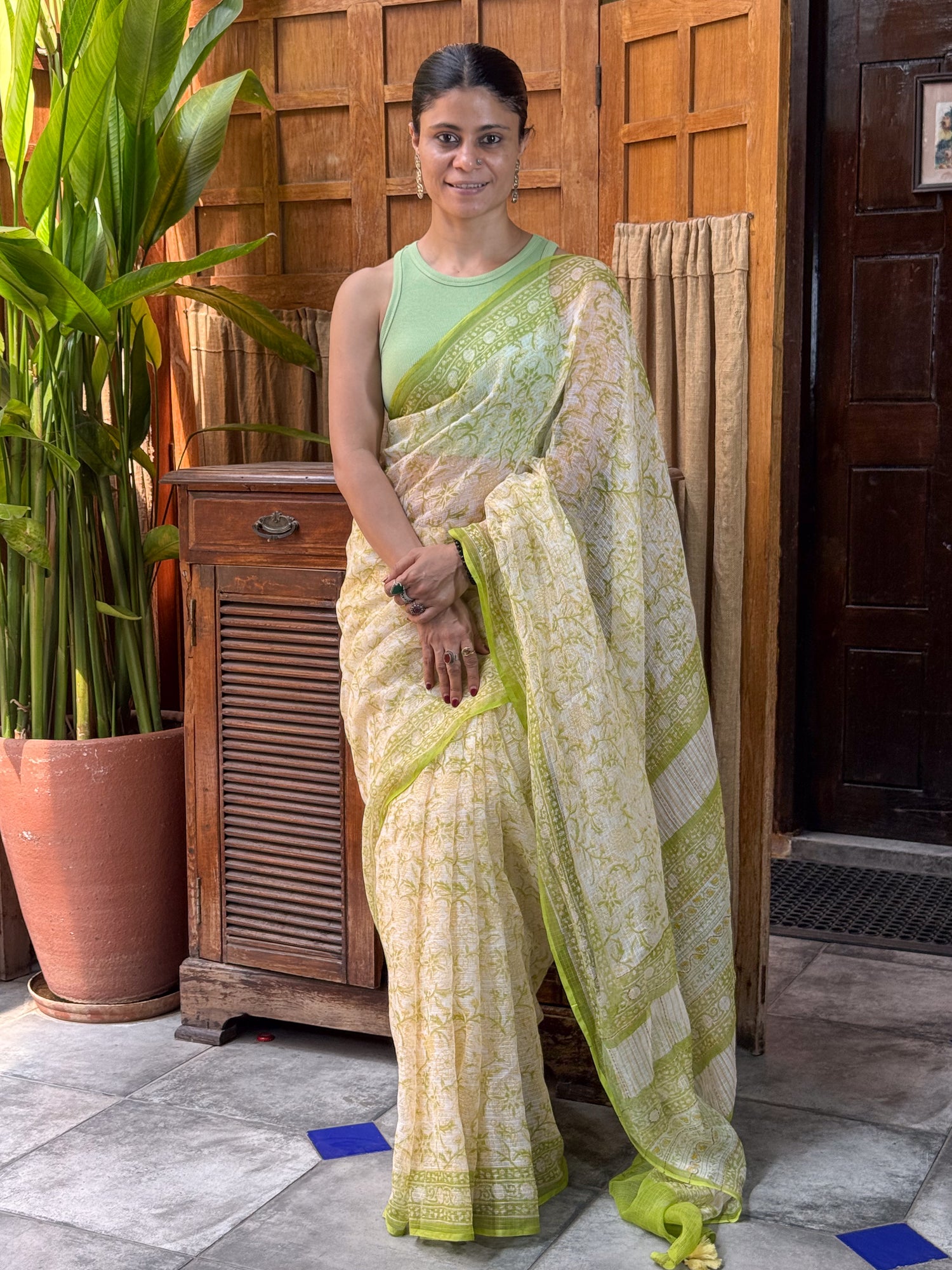 Handblock Printed Kota Dorai Saree With Hand Embroidered Running Stitch.