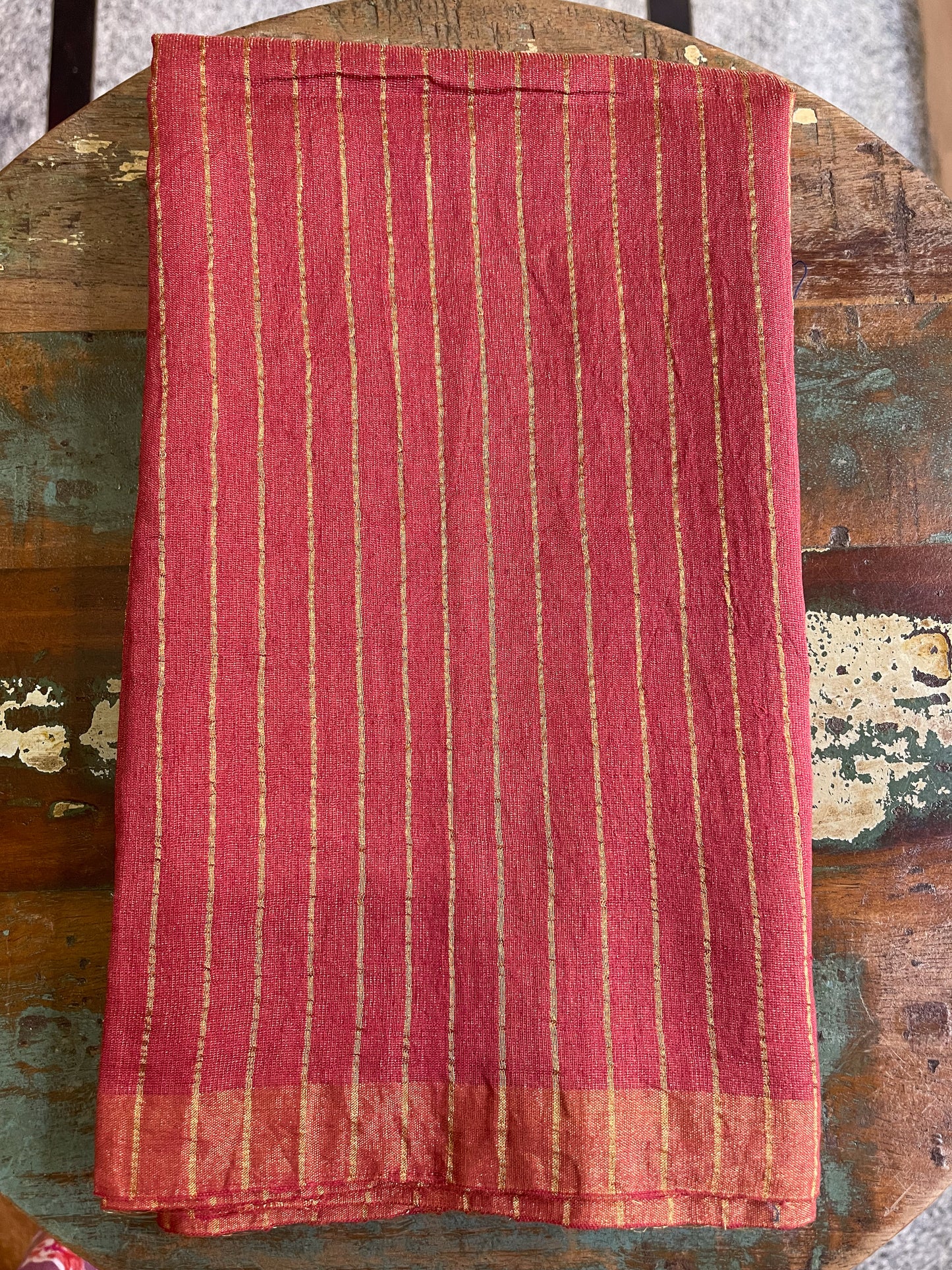 Handloom Linen Silk Metallic Saree With Woven Motifs In Tissue Silk Pallu.