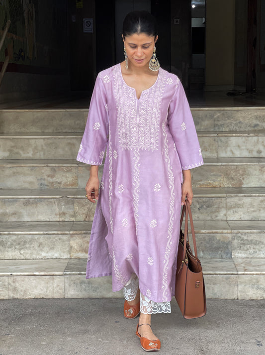 Handembroidered Chikankari Chanderi silk Kurta