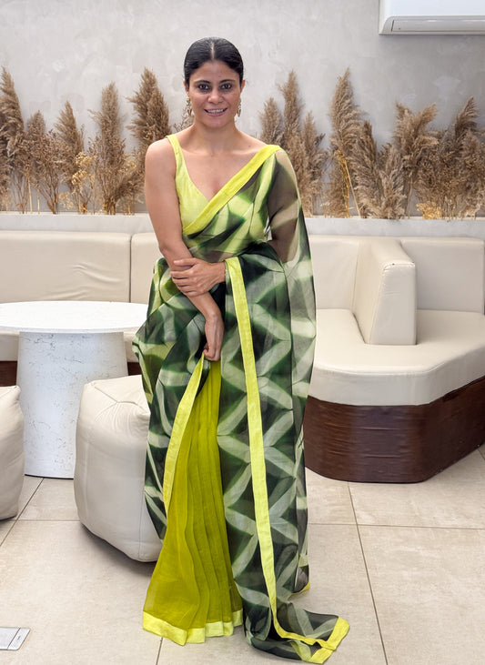 Handloom Organza Silk Saree in Handmade Itajime Shibori With Mulberry Silk Borders