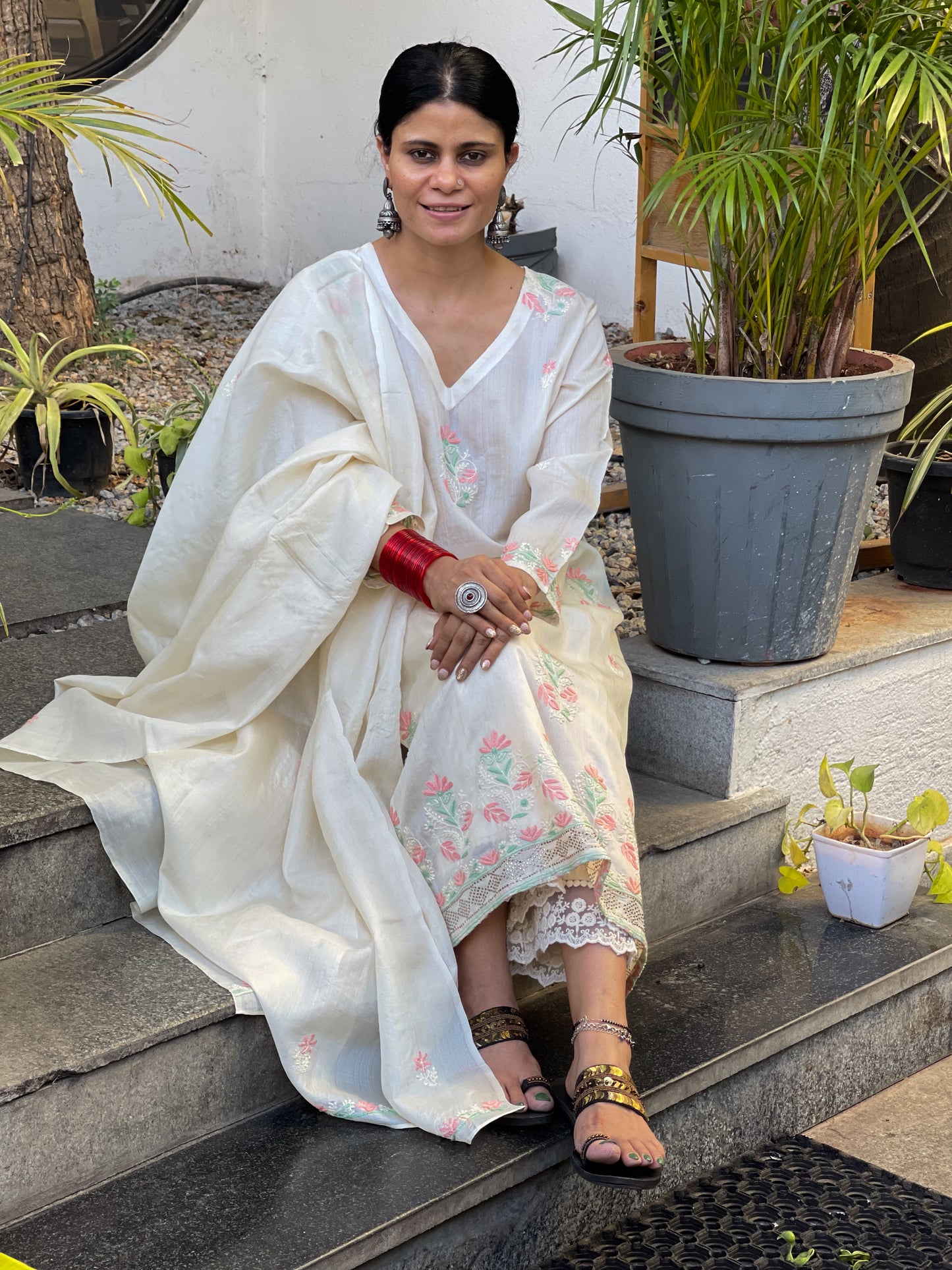 Hand Embroidered  Chikankari  Tussar silk Kurta With  Dupatta