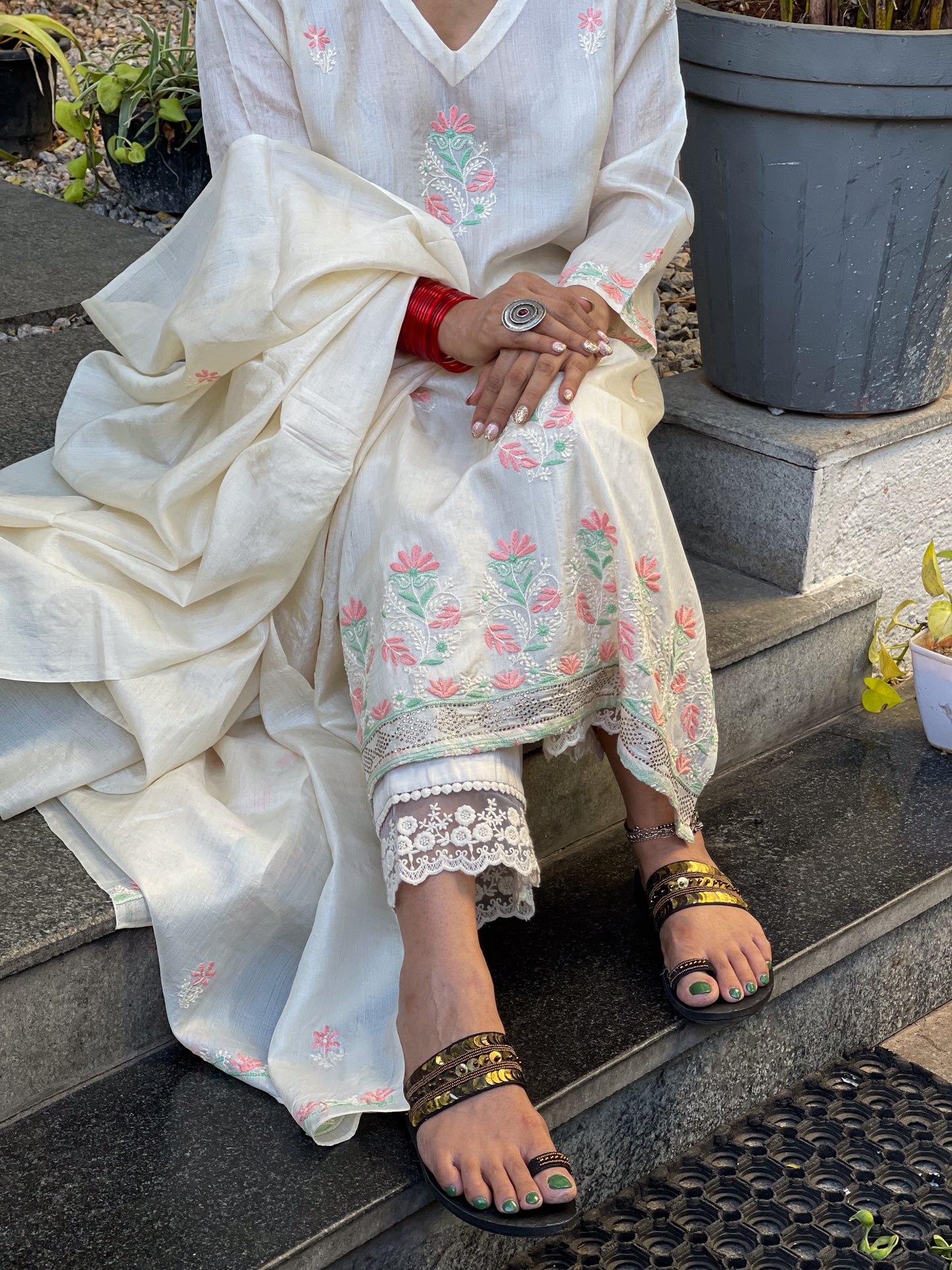 Hand Embroidered  Chikankari  Tussar silk Kurta With  Dupatta