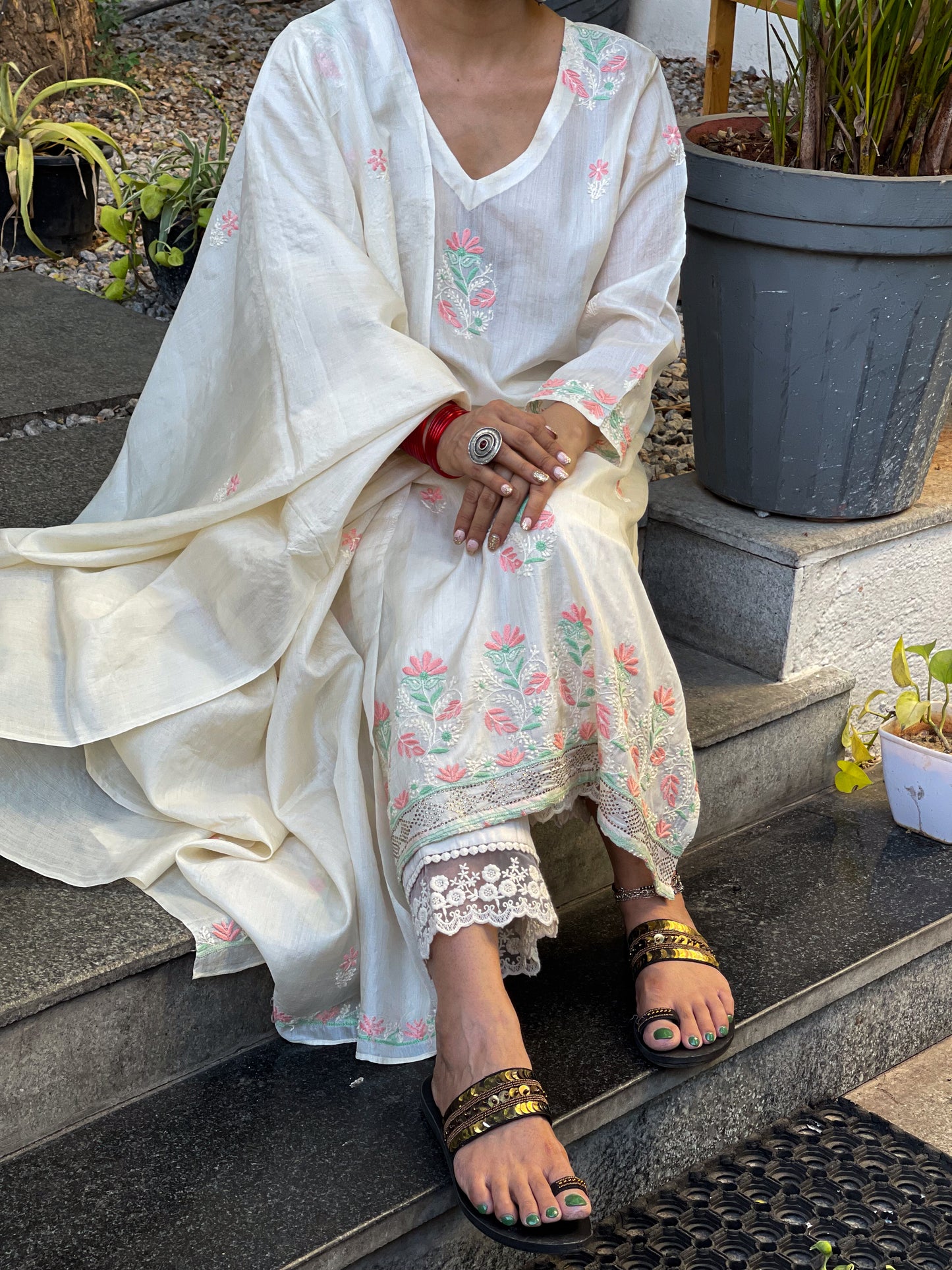 Hand Embroidered  Chikankari  Tussar silk Kurta With  Dupatta