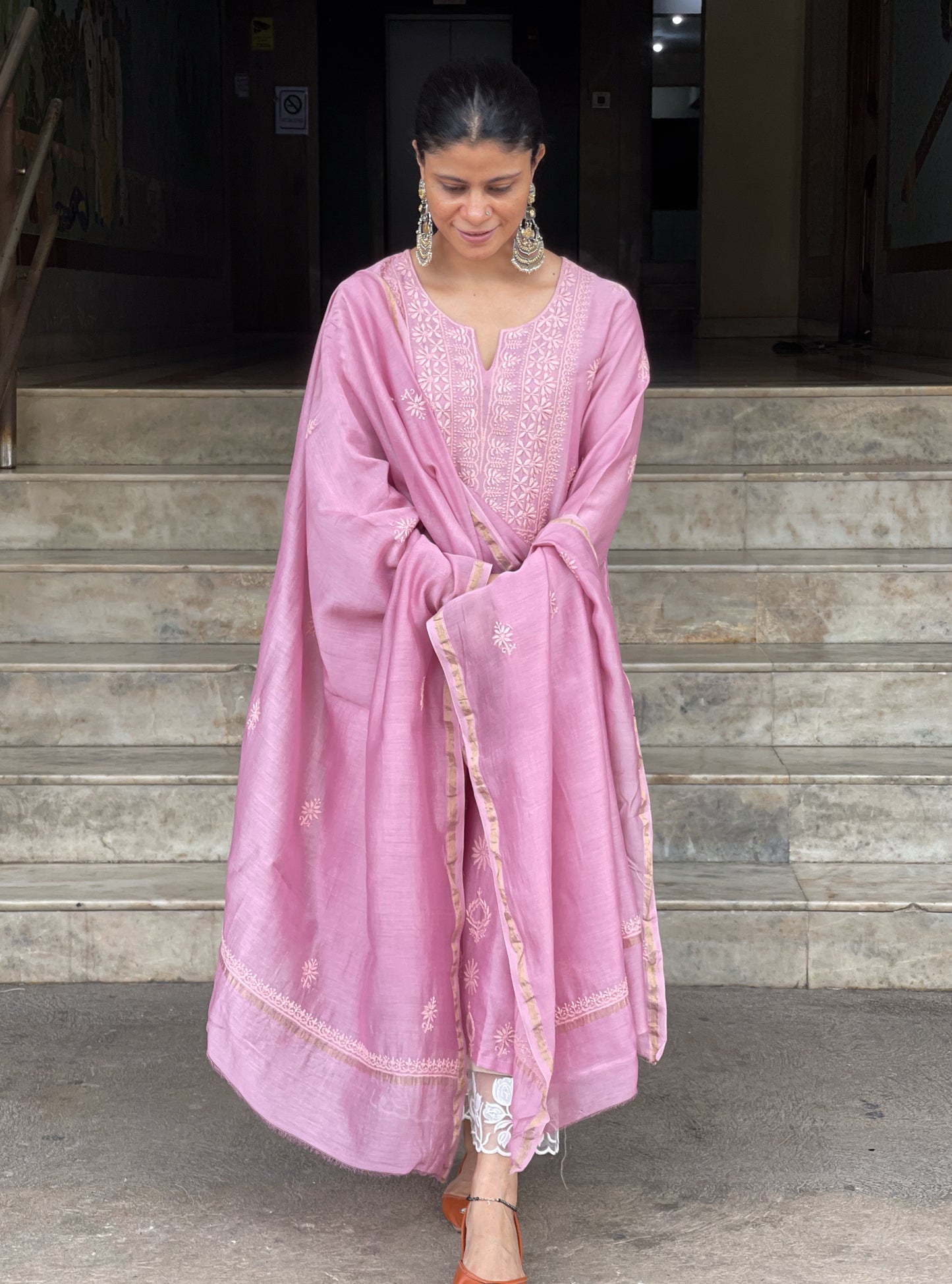 Chanderi Silk Handembroidered Chikankari Dupatta