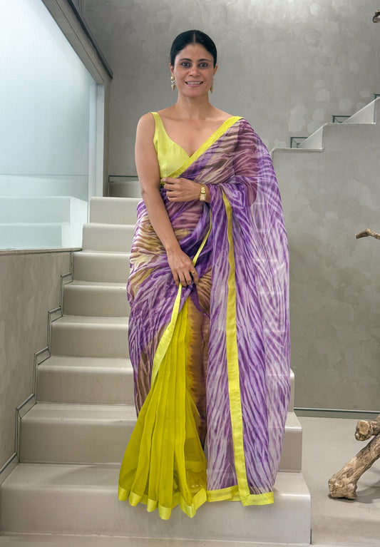 Handloom Organza Silk Saree in Handmade Arashi Shibori With Mulberry Silk Borders.