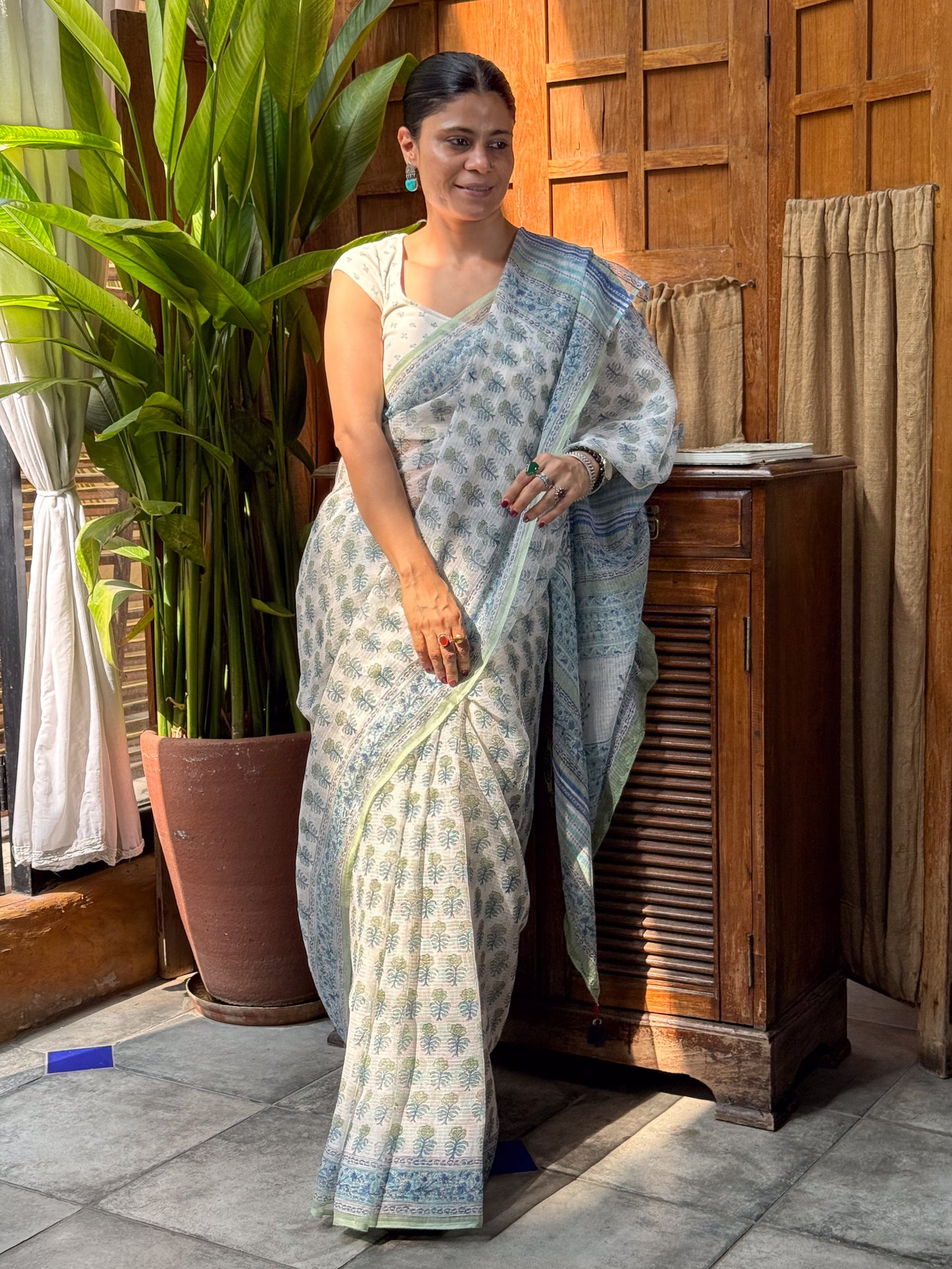 Handblock Printed Kota Dorai Saree With Hand Embroidered Running Stitch.