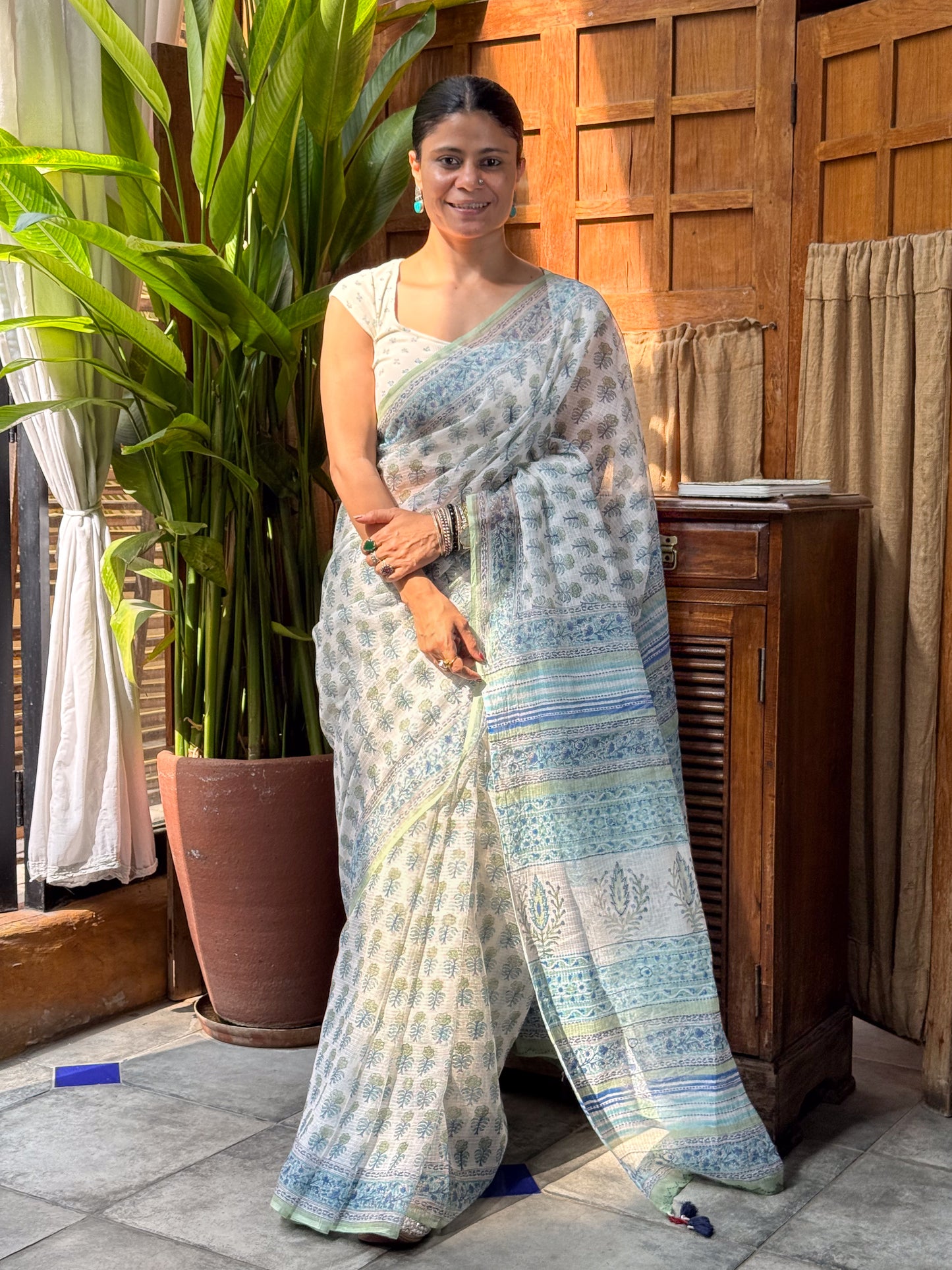 Handblock Printed Kota Dorai Saree With Hand Embroidered Running Stitch.
