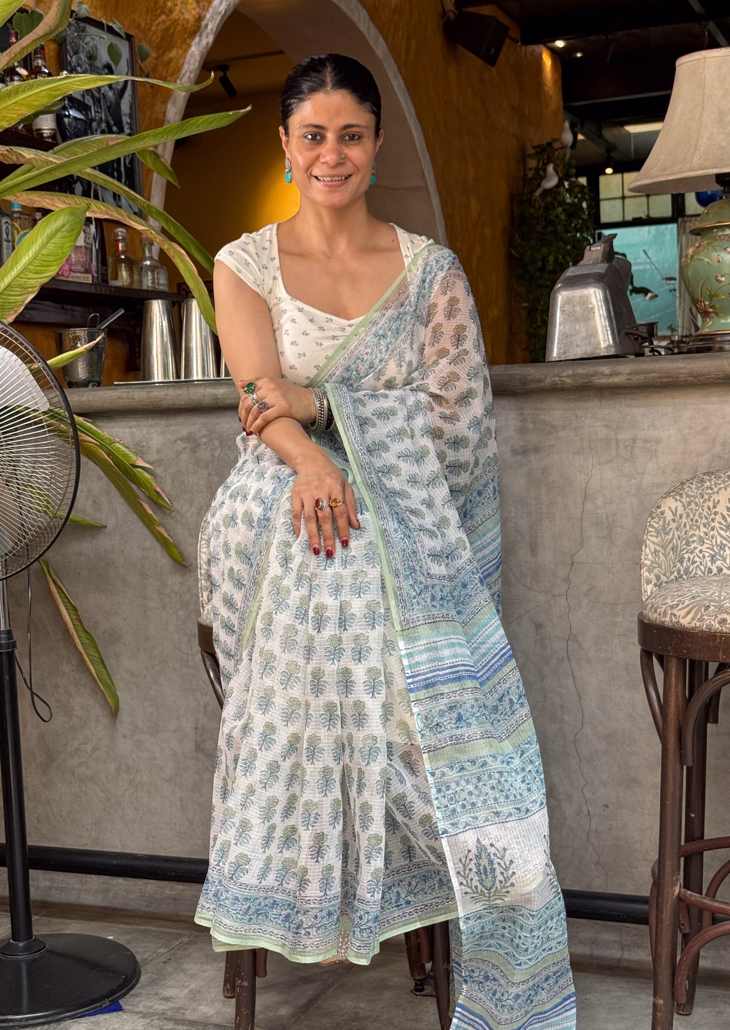 Handblock Printed Kota Dorai Saree With Hand Embroidered Running Stitch.