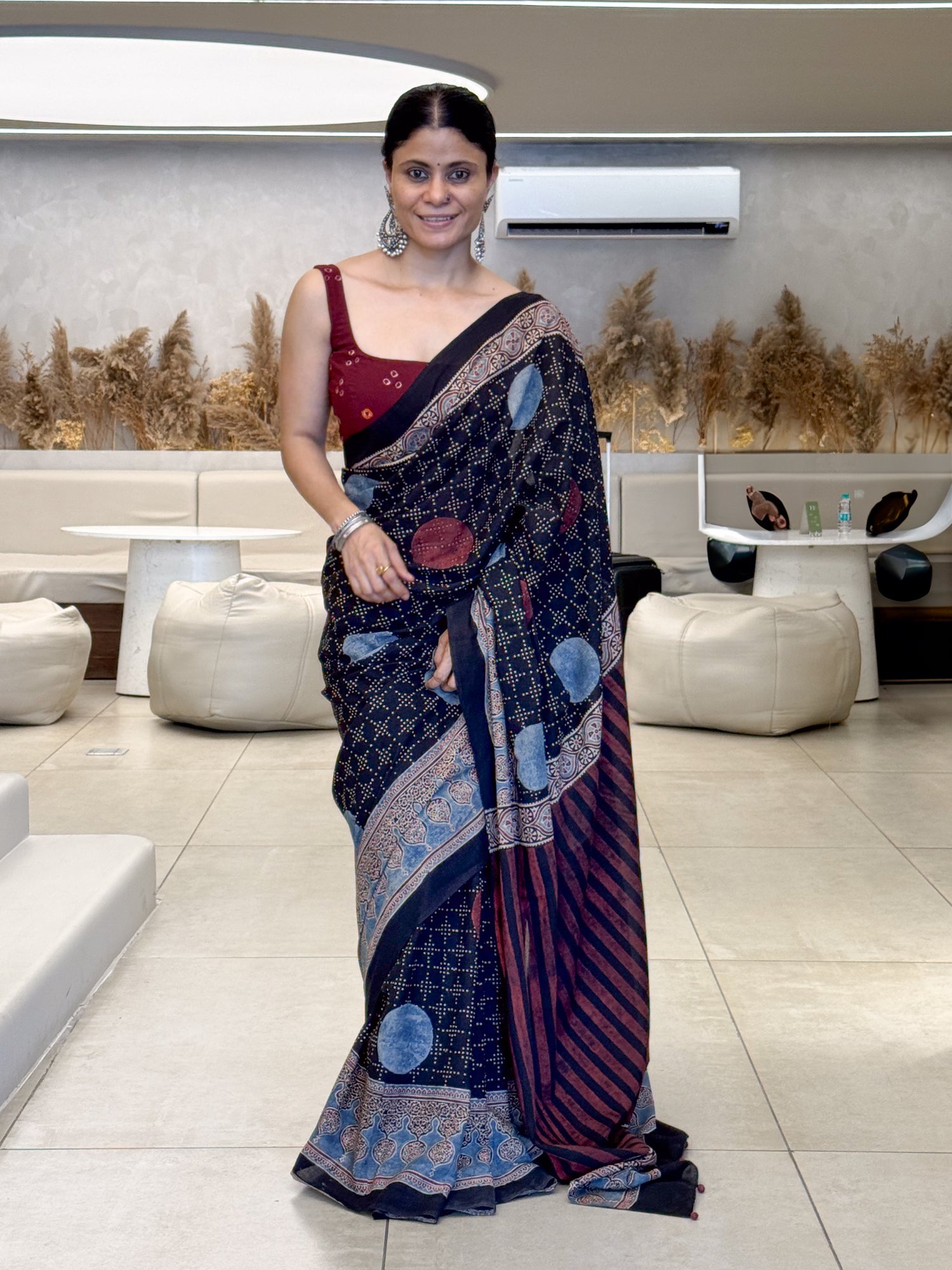 Handmade & Handblock Printed Natural Dyed Ajrakh Mull Cotton Saree.