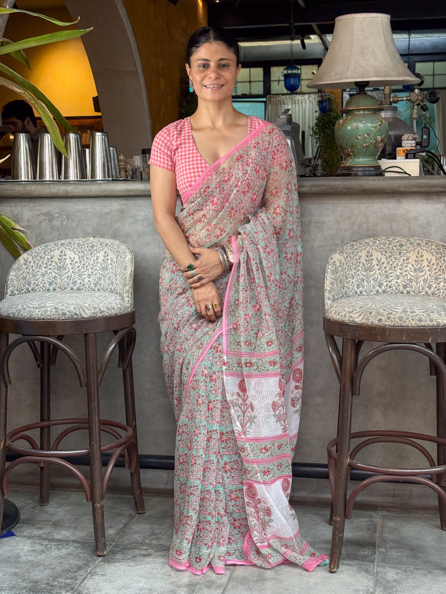 Handblock Printed Kota Dorai Saree With Hand Embroidered Running Stitch.