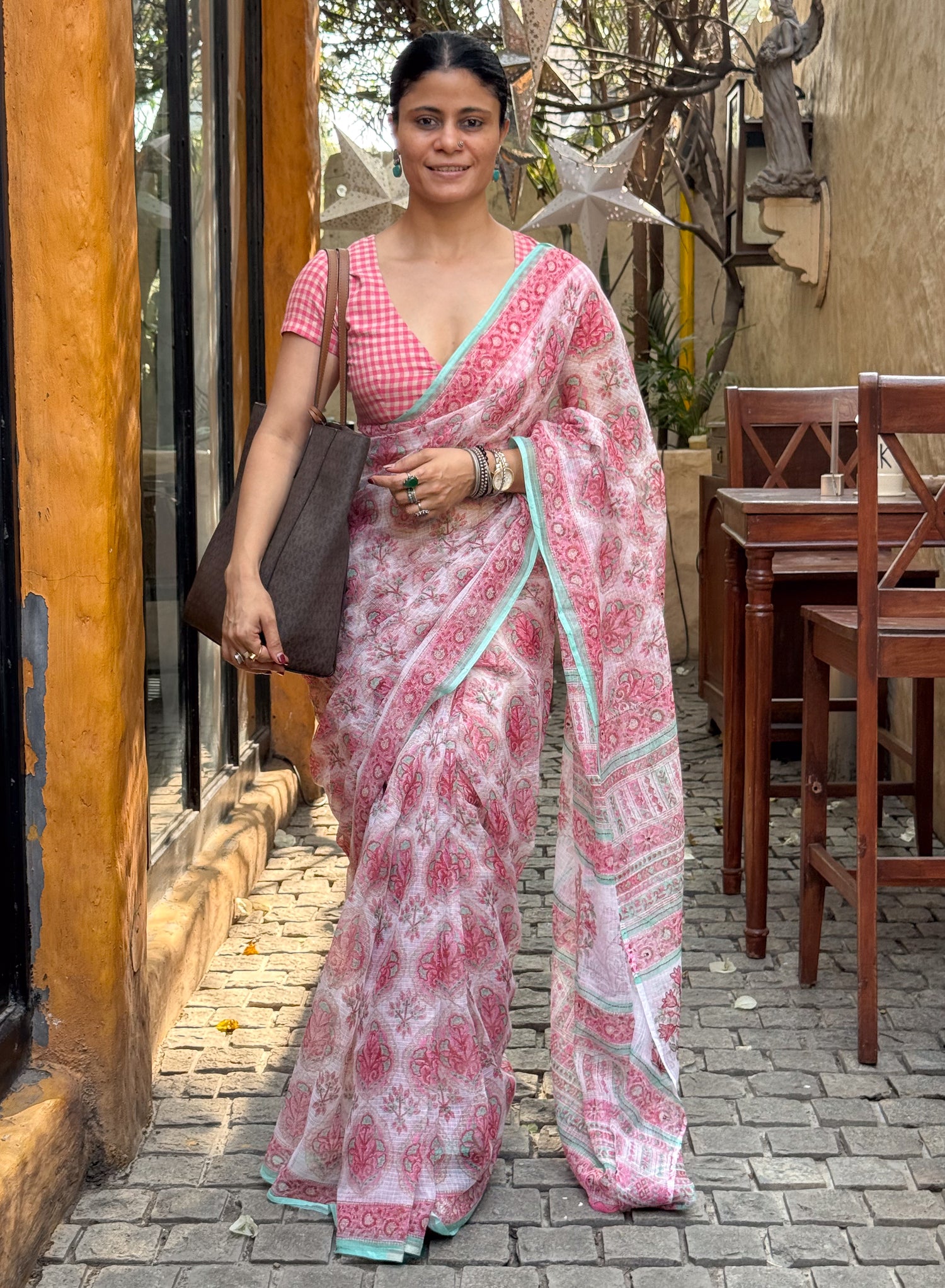 Handblock Printed Kota Dorai Saree With Hand Embroidered Running Stitch.