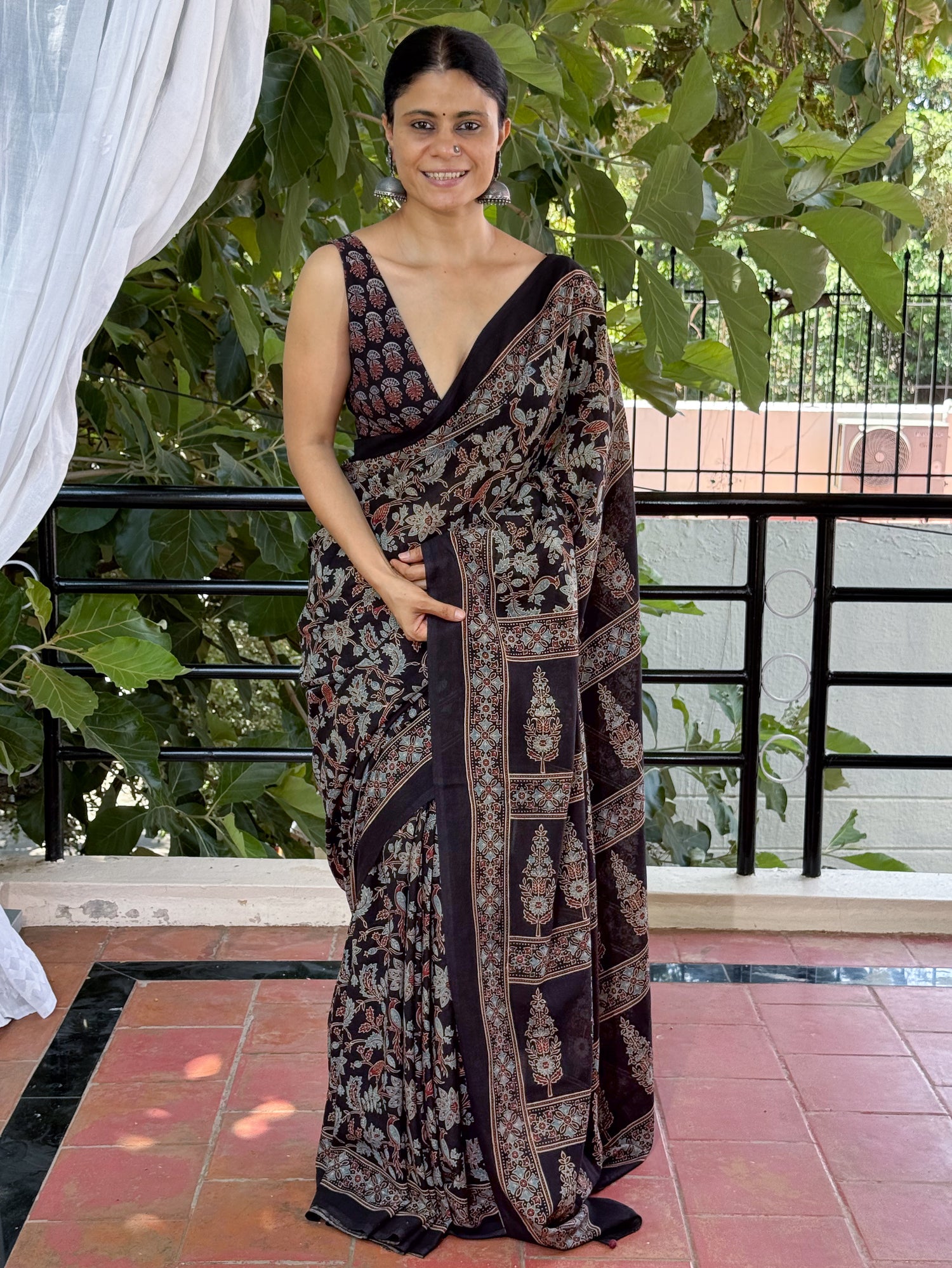 Handmade & Handblock Printed Natural Dyed Ajrakh Mull Cotton Saree.
