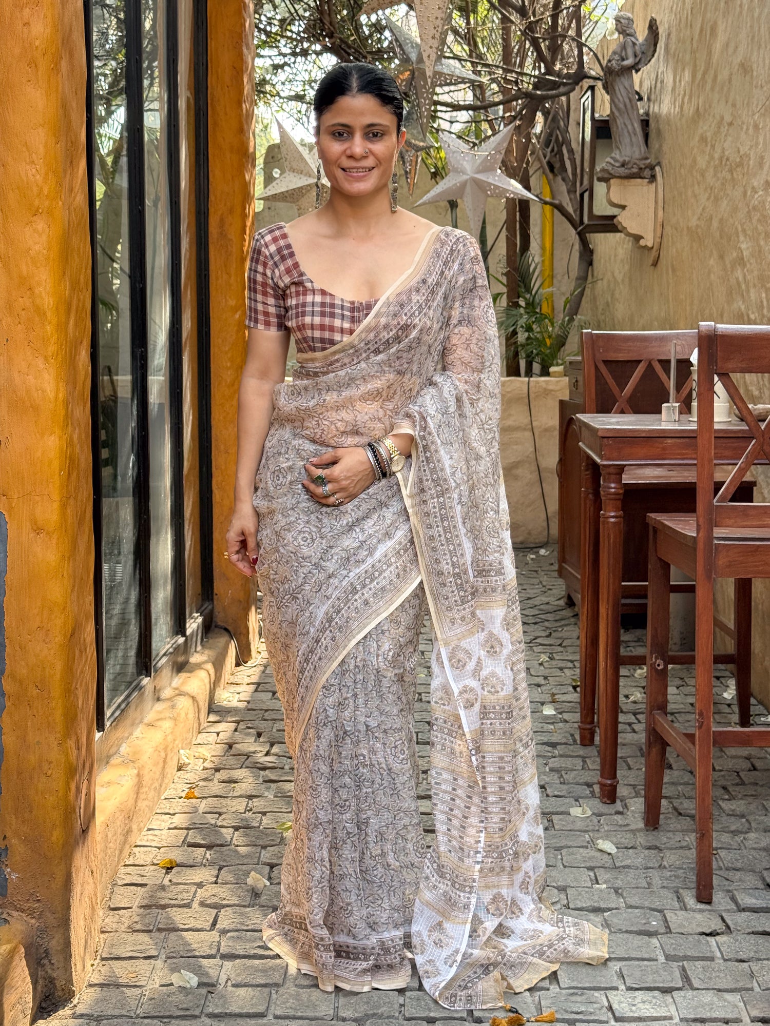 Handblock Printed Kota Dorai Saree With Hand Embroidered Running Stitch.