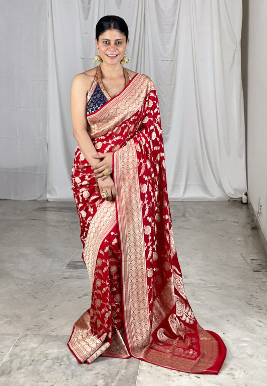 Red Colour  Handloom  Cutwork Georgette Khaddi Silk Saree.