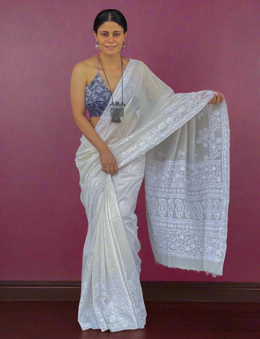 Hand embroidered chikankari  chanderi silk Saree