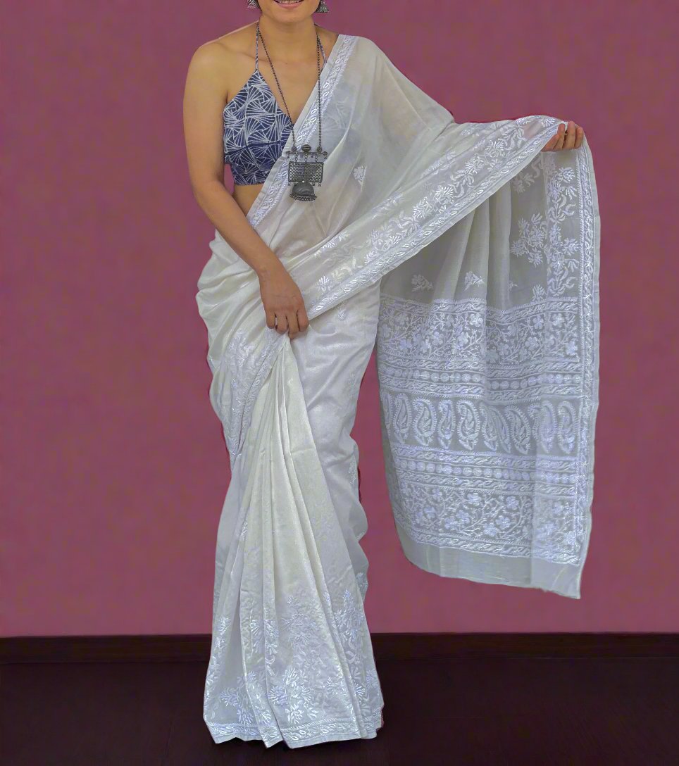 Hand embroidered chikankari  chanderi silk Saree