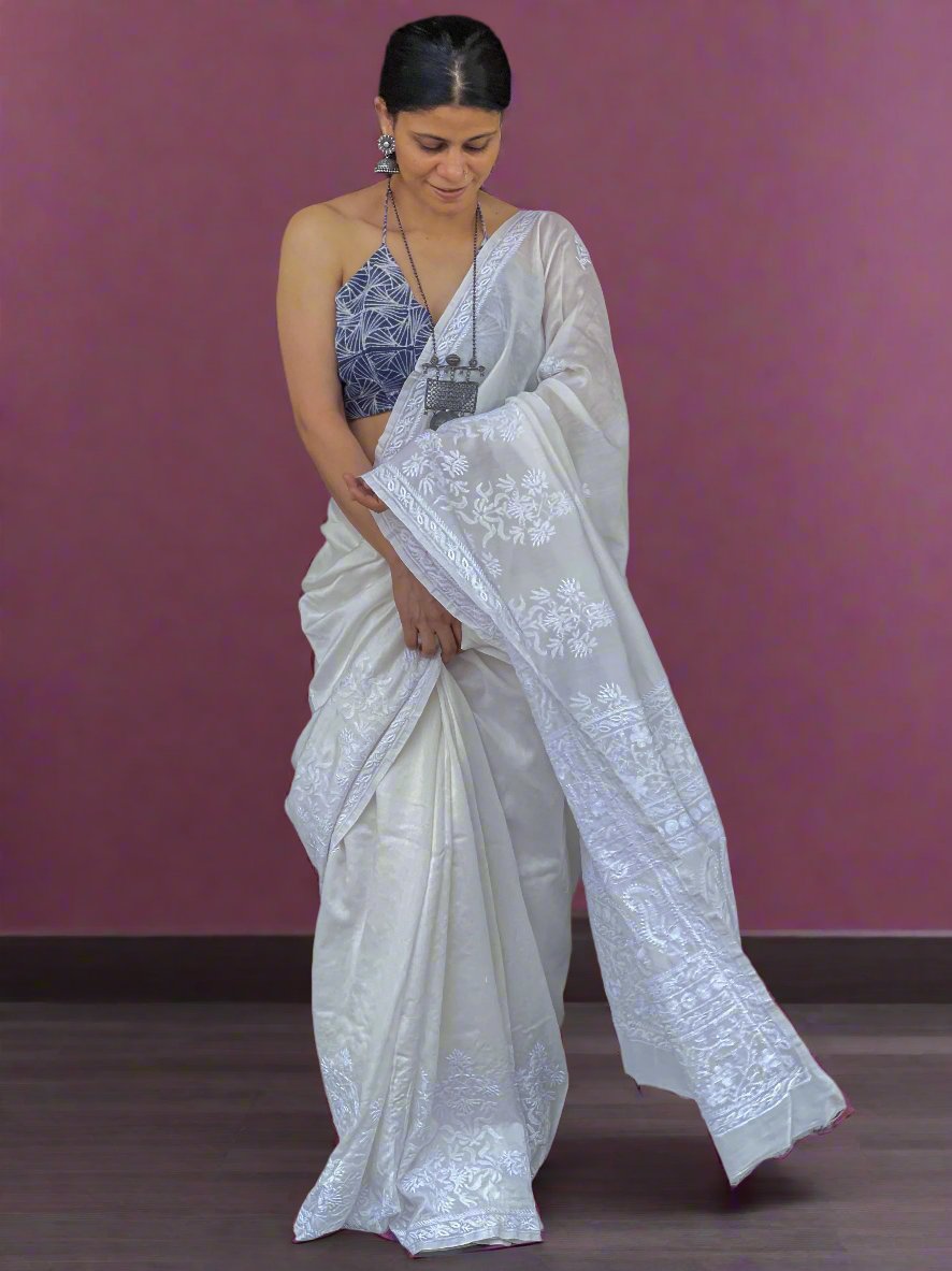 Hand embroidered chikankari  chanderi silk Saree