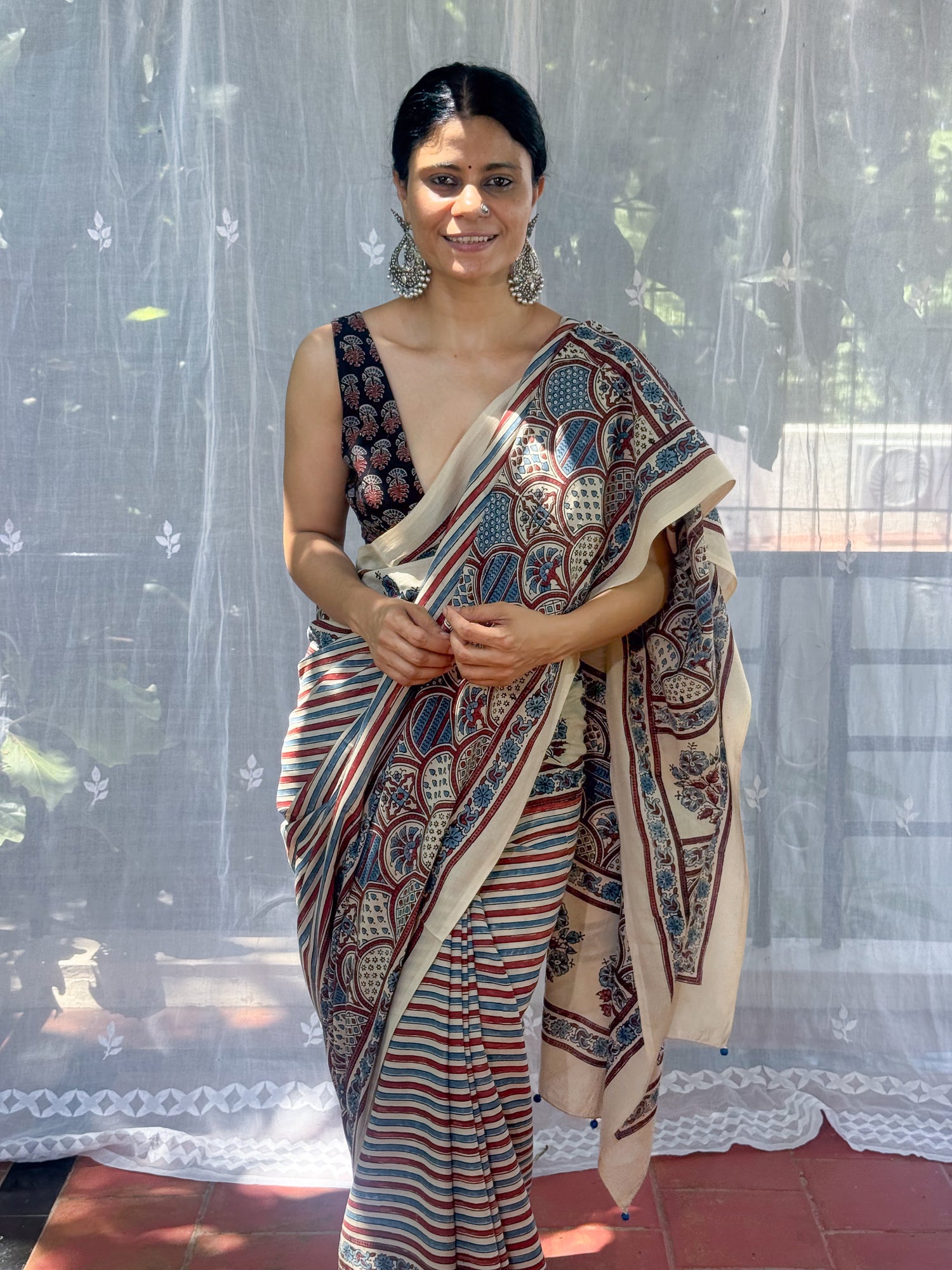 Handmade & Handblock Printed Natural Dyed Ajrakh Mull Cotton Saree.
