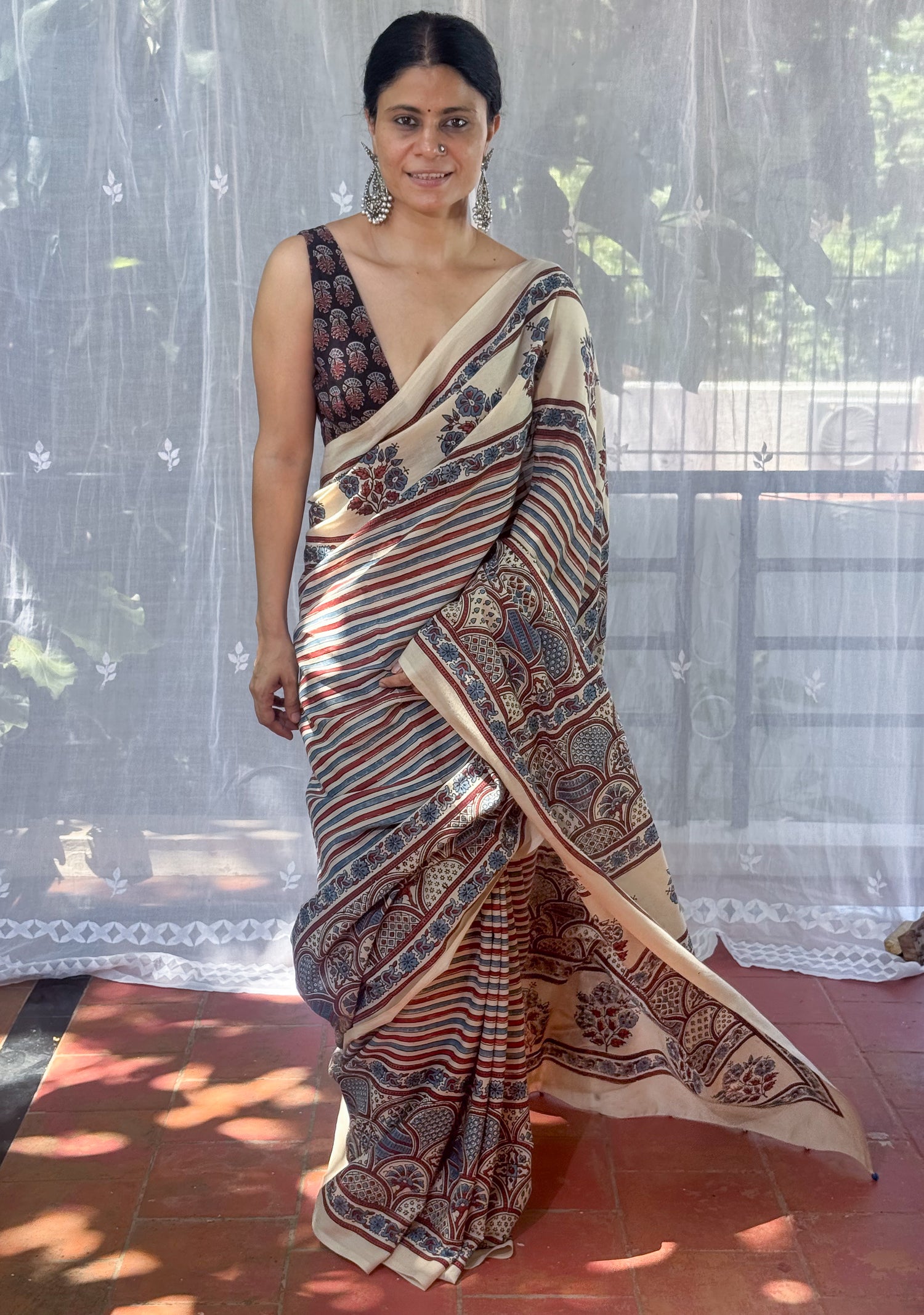 Handmade & Handblock Printed Natural Dyed Ajrakh Mull Cotton Saree.