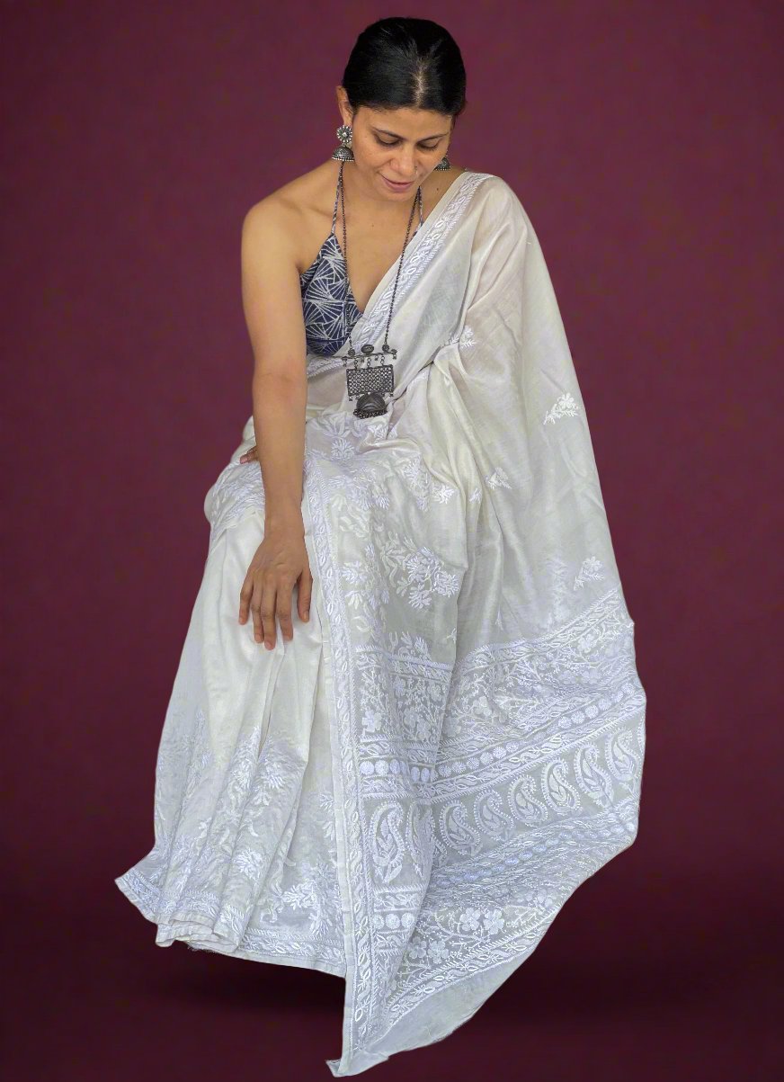 Hand embroidered chikankari  chanderi silk Saree