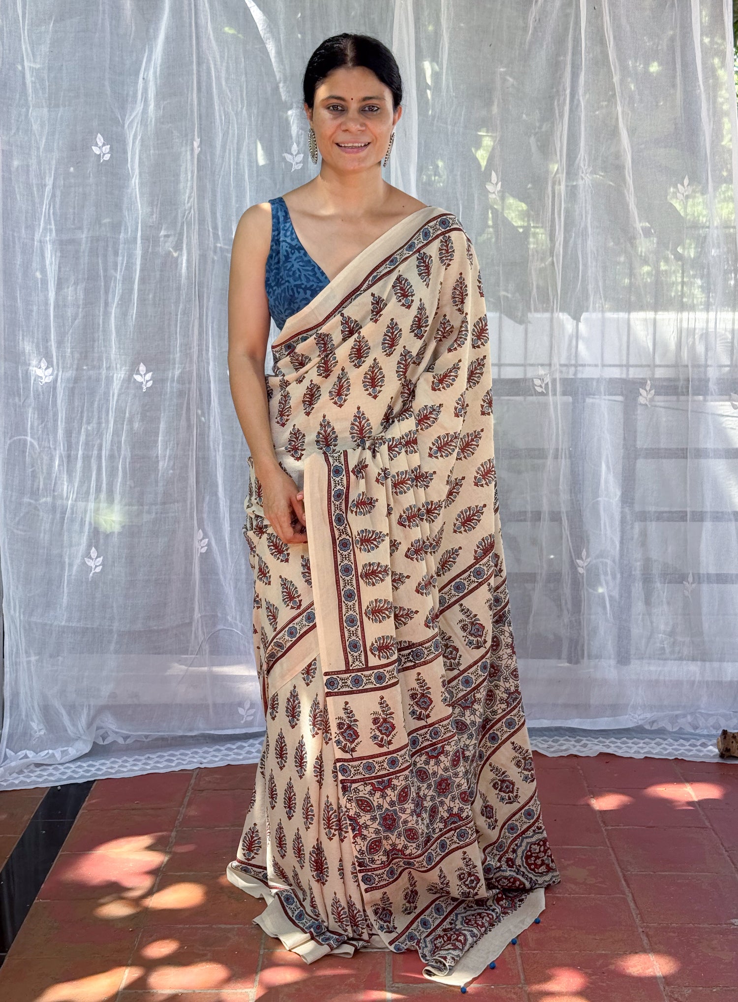 Handmade & Handblock Printed Natural Dyed Ajrakh Mull Cotton Saree.